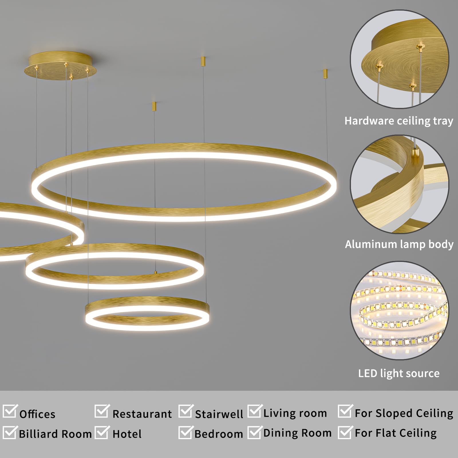 Mikeru Modern LED Chandelier Light, Remote Control, Adjustable 3000K-6500K, Aluminum, 11.8-31.5IN, B-Black, Model TC-M