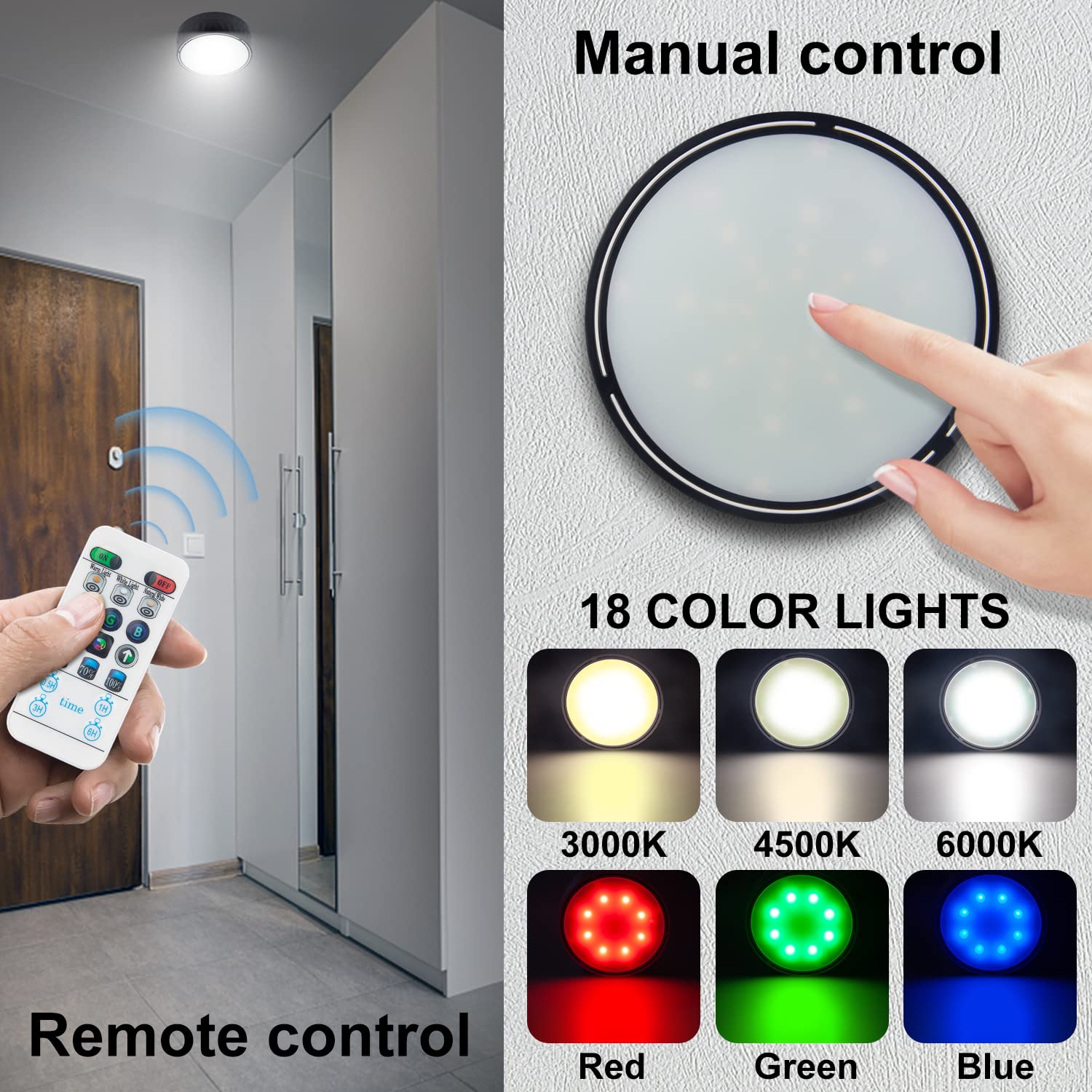 Kanesiki Battery Operated Ceiling Light, Wireless Shower Light With Timer, Color Changing Mood Lighting, Dimmable Rgb Night Ligh