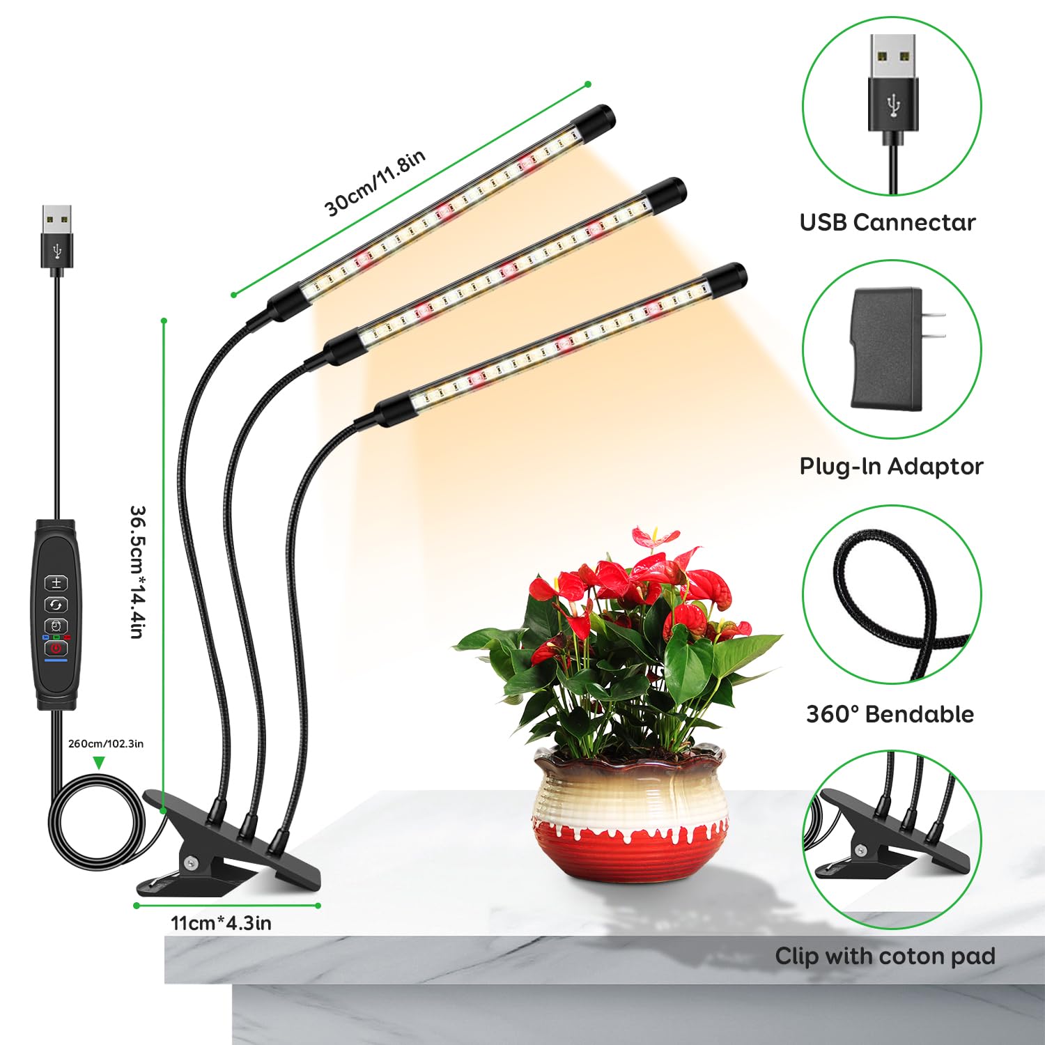 Lpmzmbl Grow Lights For Indoor Plants, Lpmzmbl Full Spectrum 3 Heads Plant Grow Light With Clip, 10 Dimmable Levels, And 3/9/12H Timer For Plant Growing (Pack 2)
