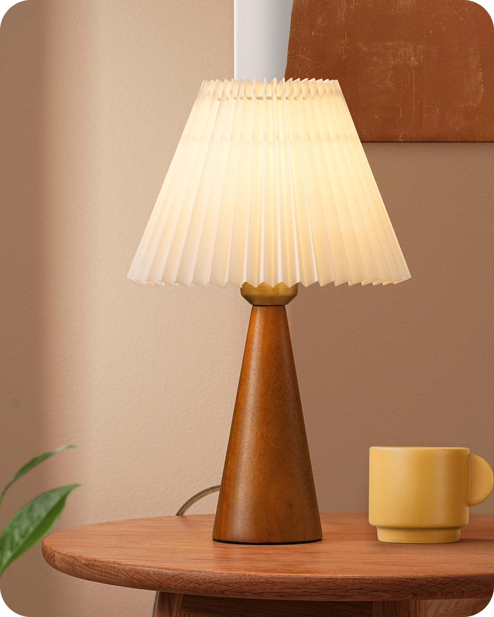 EDISHINE Small Table Lamp, Wooden Base, White Pleated Shade, E26, Dark Rosewood