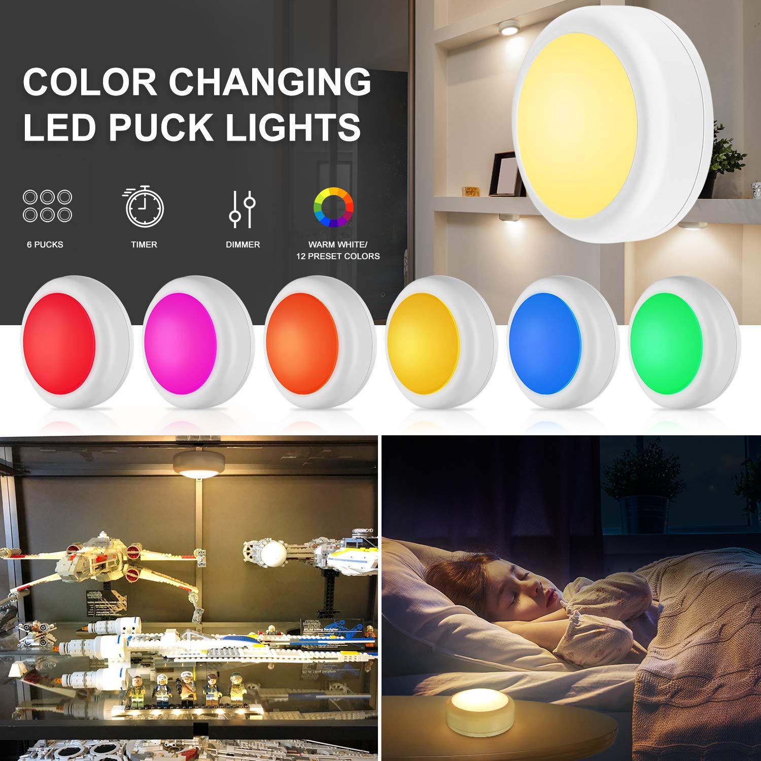 BLS LED Puck Lights - RGB 13 Color Changing, Battery Operated, Small, 2 Pack, Remote Control, Ideal for Closet & Kitchen