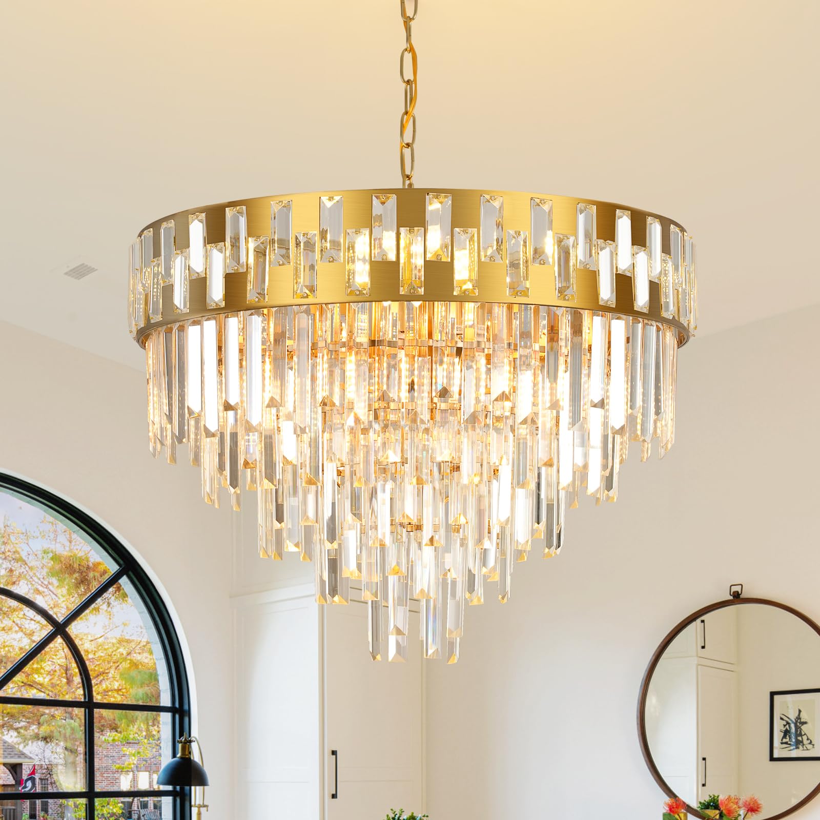 Gold Crystal Chandeliers Modern Crystal Chandelier 5-Tier Dining Room Chandelier Round Large Contemporary Crystal Pendant Hangin