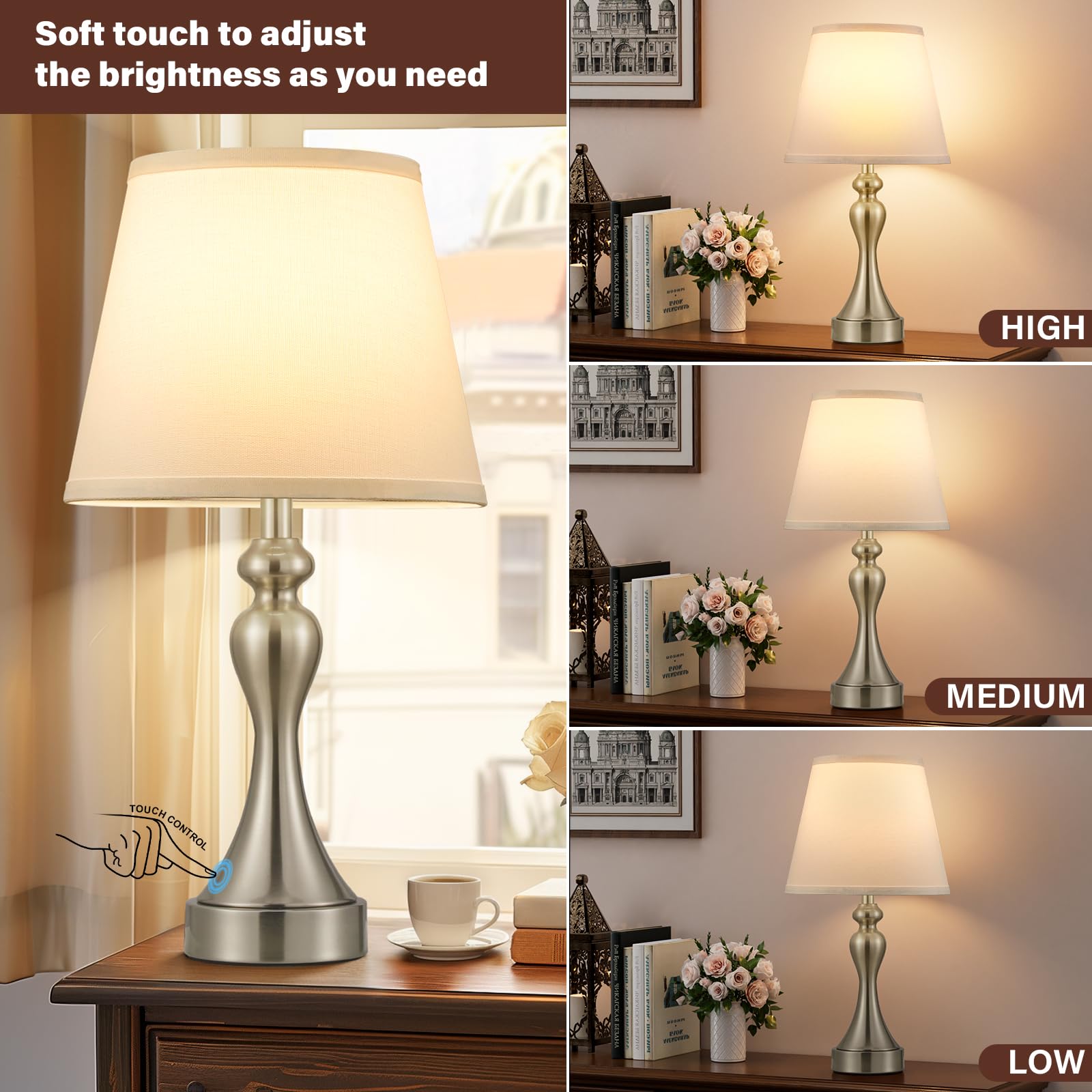 Seealle Touch Lamps For Night Stands - Bedside Lamps Set Of 2, 3 Way Dimmable, Usb C+A For Bedroom & End Tables (White&Nickel)