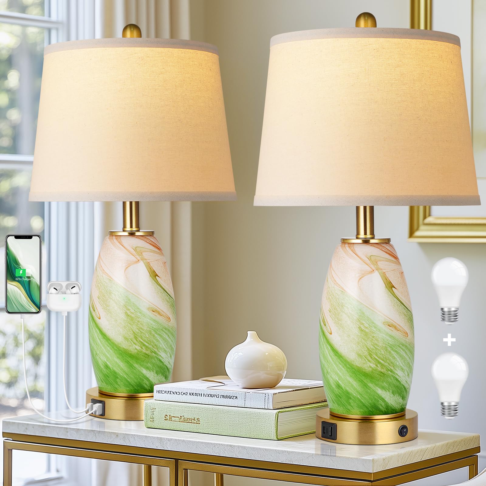 Lovlast Green Lamps Set of 2 for Bedroom & Bedside with 3-Way Lighting Modes & USB C+A - Modern Style Glass Nightstand Table Lam