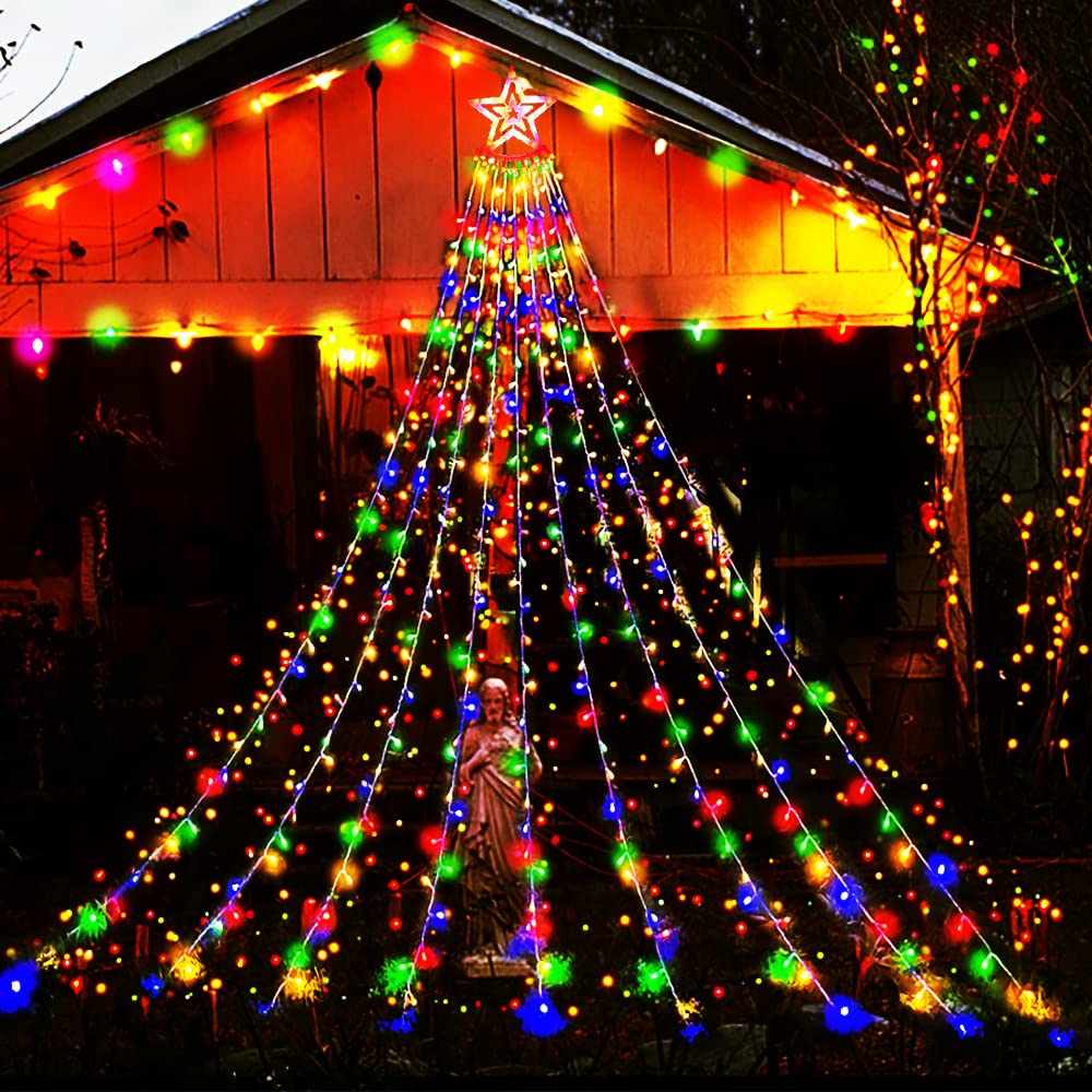 Aokudoni Outdoor Christmas Decorations 12.6ft 350LED Multi-colored Waterfall Lights, 8 Modes, Model AD-wf02
