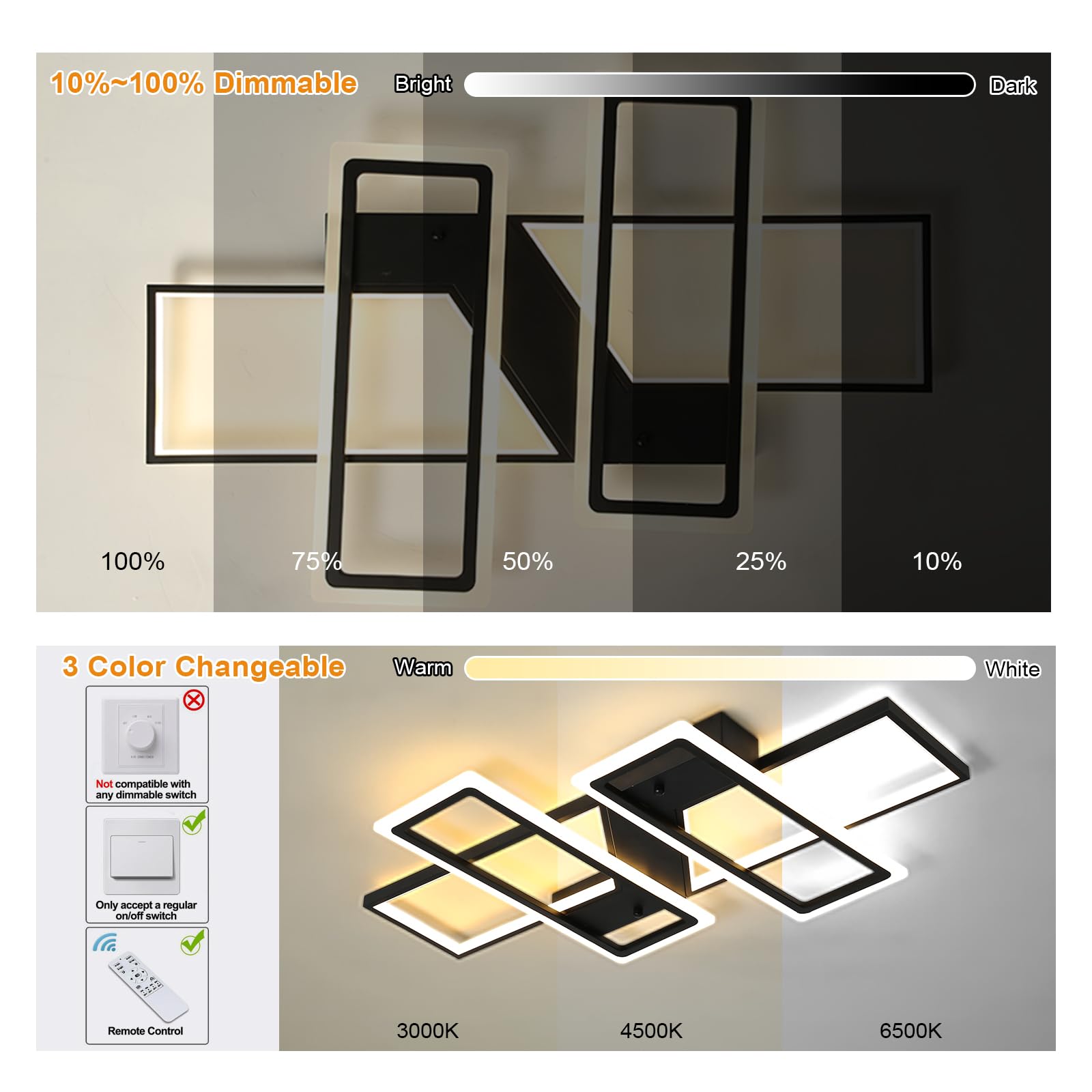 Jaycomey Modern Led Ceiling Light Black Flush Mount Ceiling Lights 80W Dimmable Led Chandelier With Remote Kitchen Light Fixture