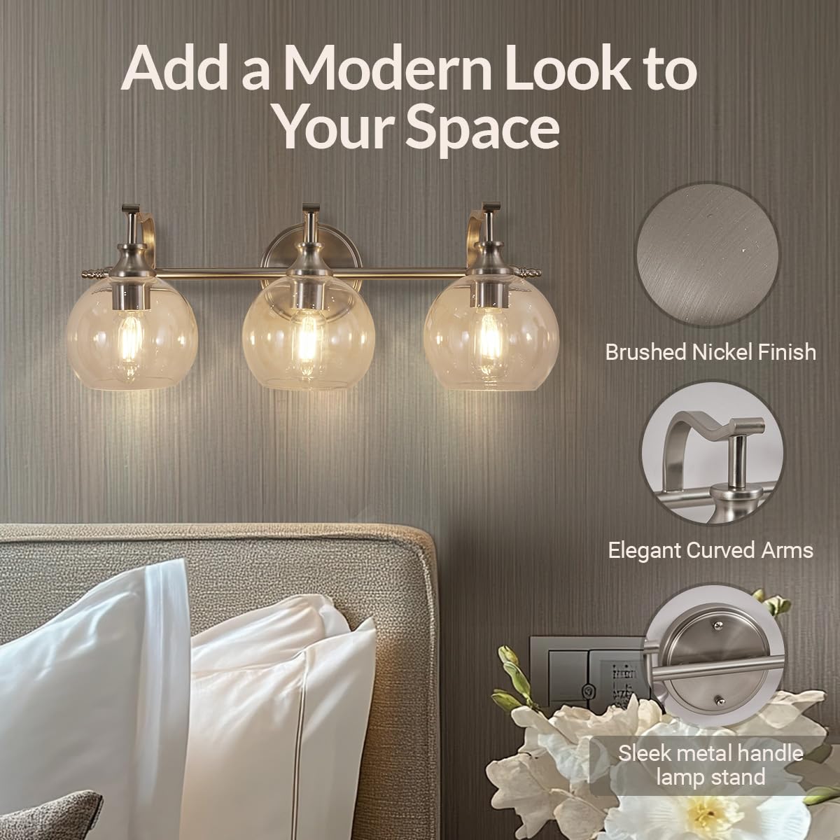 Andy Star 3 Light Bathroom Vanity Lights  Modern Wall Sconces Lighting  Silver Bathroom Lights With Clear Glass Shades  Bath Wall Lights Wall Lamp For Mirror  Living Room  Kitchen  Hallway