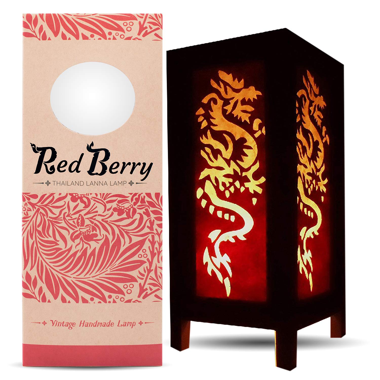 RED BERRY THAILAND LANNA LAMP - Vintage Asian Lamp with Fabric Square Lamp - Bedroom Nightstand  Desk  Living Room  Dorm White Dragon Red Floor (M0BW)