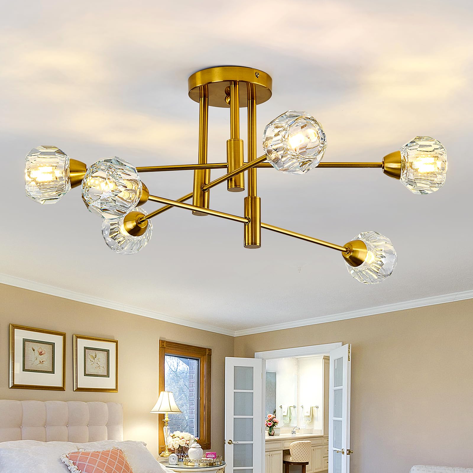 Szxykeji 6-Lights Glass Sputnik Chandelier Vintage Flush Mount Ceiling Light Fixture Gold Farmhouse Lighting For Dining Room Living Room Bedroom Kitchen Passageway.