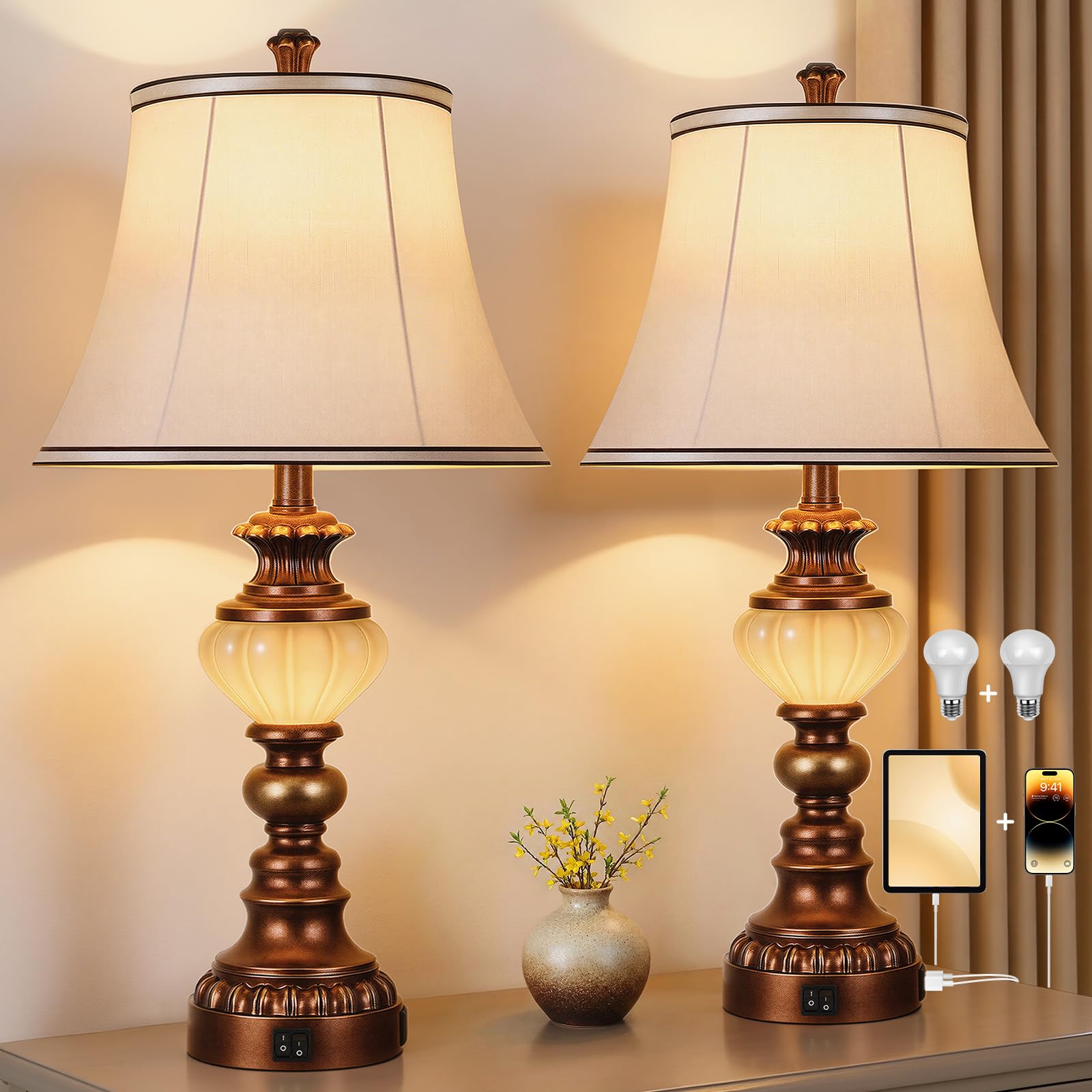 27 Farmhouse Tall Table Lamps Set of 2 for Living Room  Traditional Vintage Bedside Table Lamps with Nightlight and USB Ports  Boho Nightstand Lamps for Bedroom End Table Home Decor(Bulbs Included)