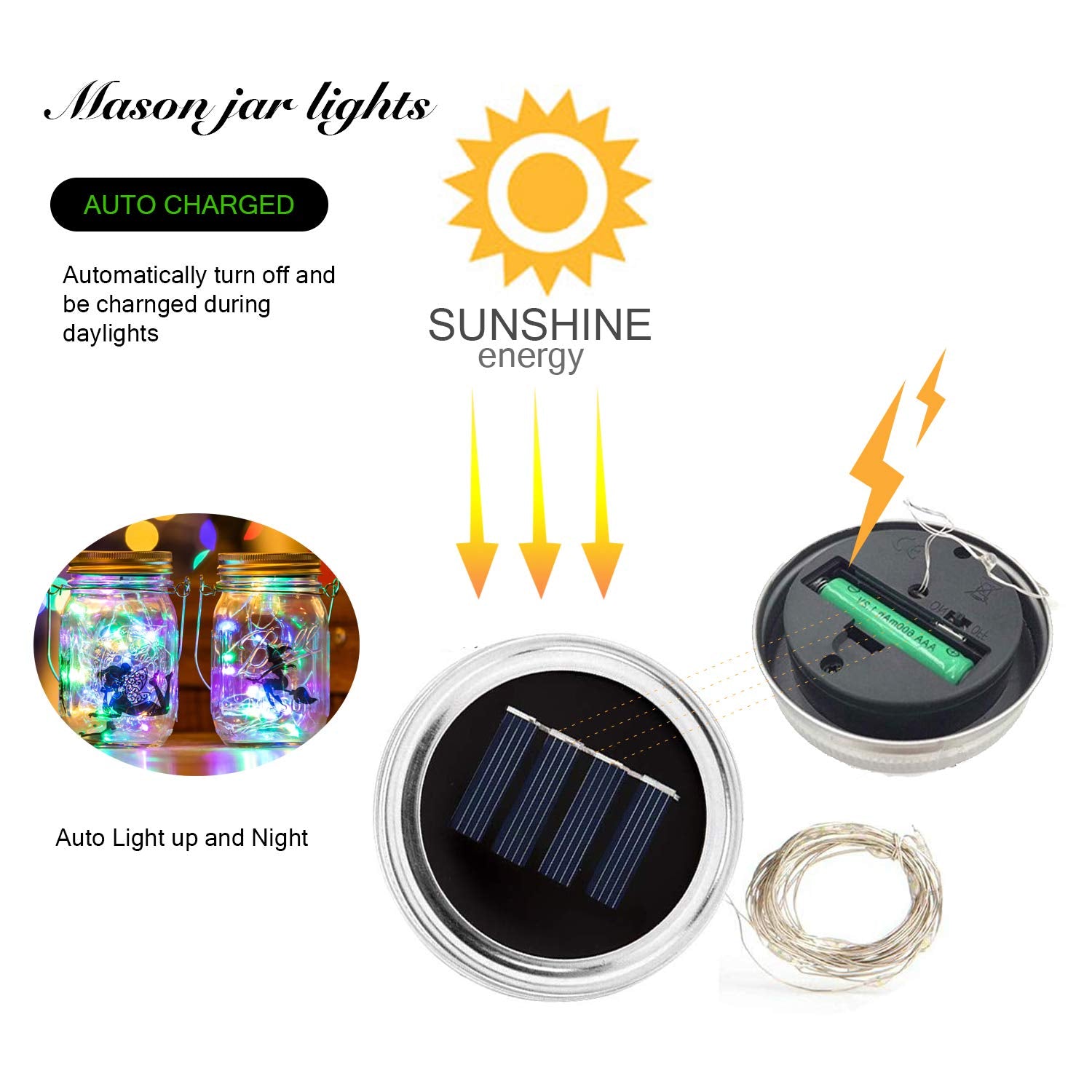VOOKRY Solar Mason Jar Lights, 30 LED Multicolor Fairy String Lights, Waterproof, Pack of 6 for Outdoor Patio Garden Decoration