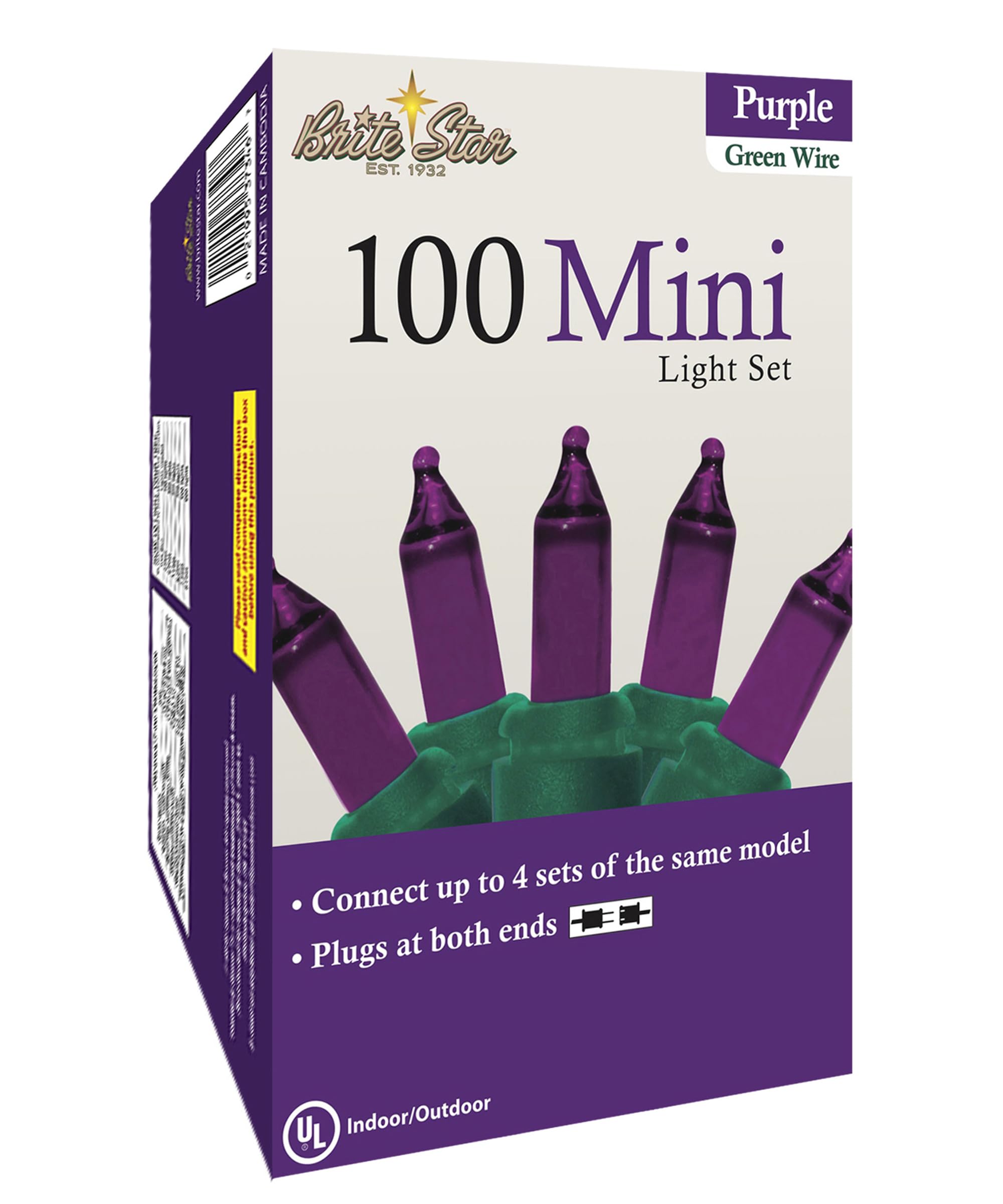 Brite Star 100 Count Mini String Christmas Lights, Purple - 22 Feet Indoor/Outdoor Christmas Tree Lights With Green Wire