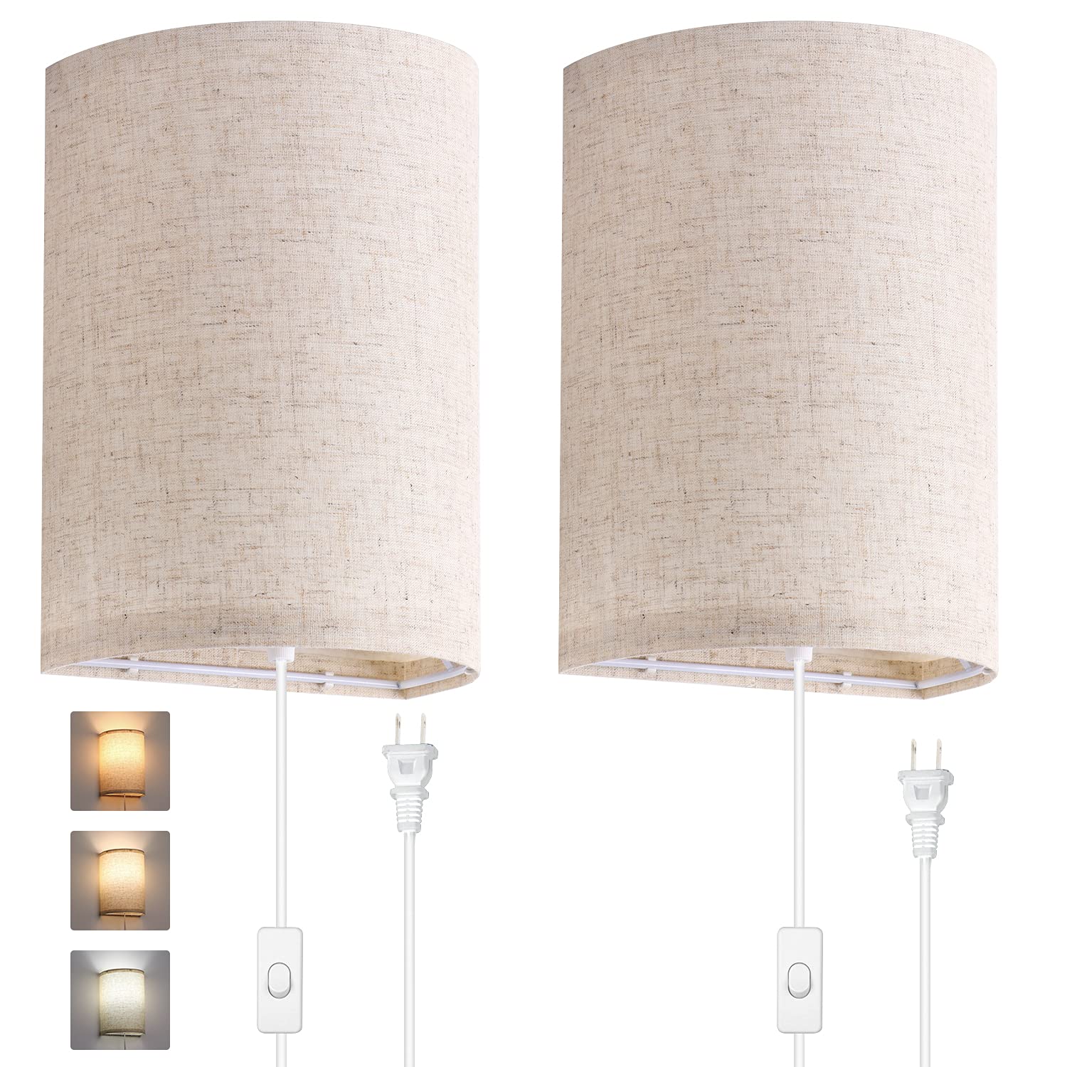 AVV Wall Sconces Set of Two, Fabric Linen Shades, 2700K/4000K/5000K Selectable, Round, Beige, Model WLM250-WLA-8