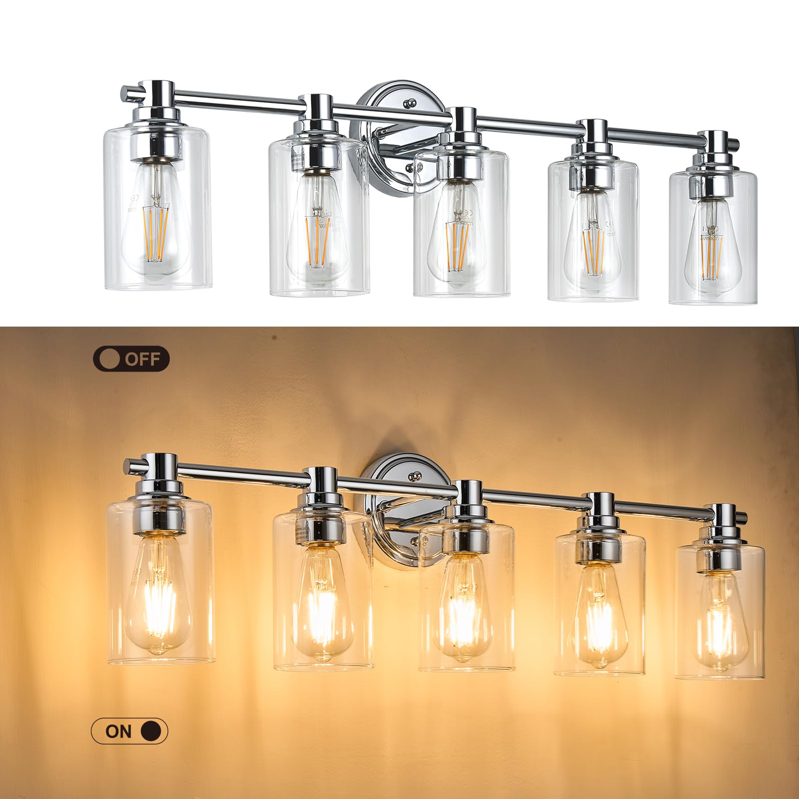 Alaislyc Bathroom Light Fixtures Wall Sconce Light With Clear Glass Chrome 5 Lights Bathroom Lighting Over Mirror Vanity Lights For Living Room,Bedroom,Restroom,Hallway E26 Base