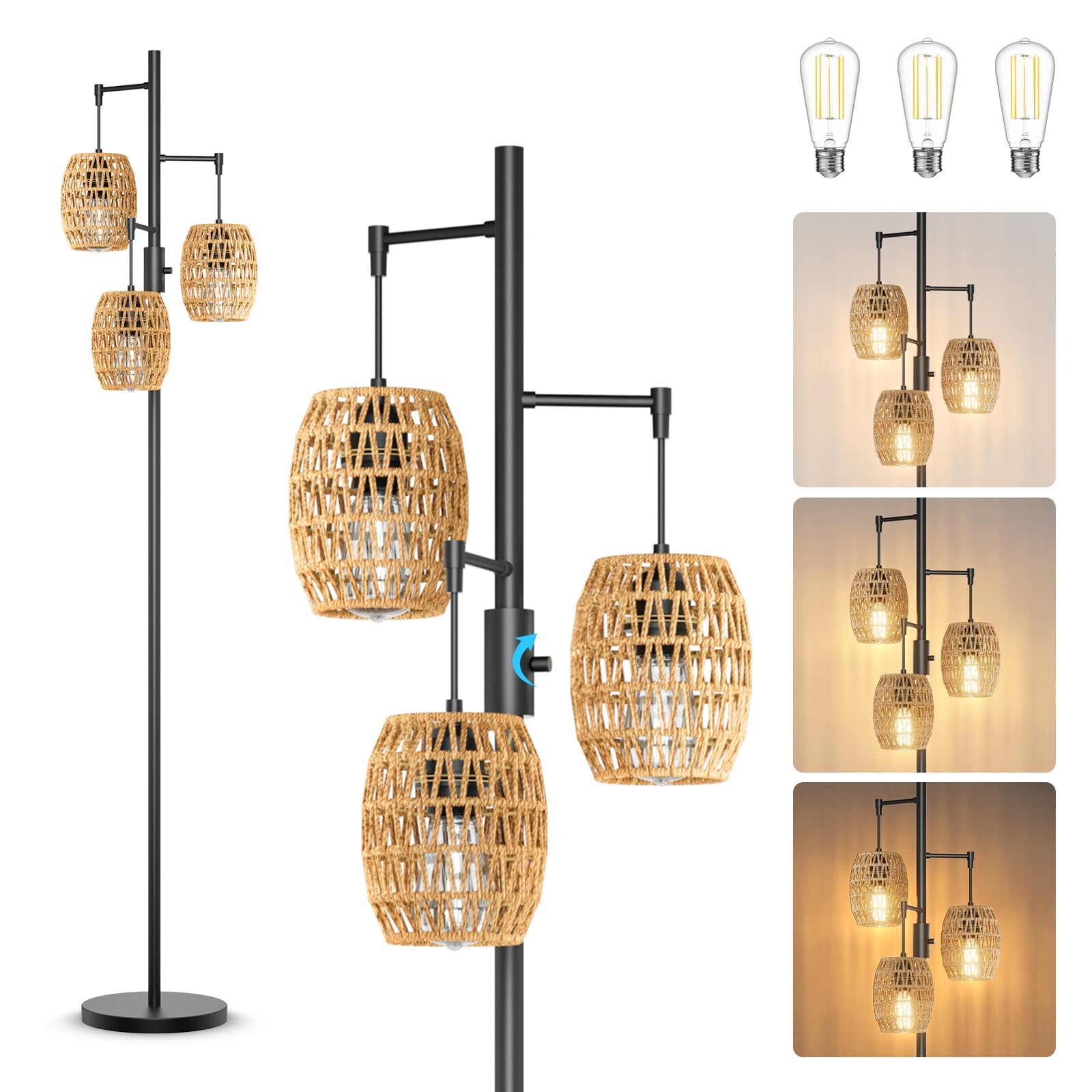 lumenfox Boho Rattan Floor Lamp - Dimmable Floor Lamp 70 Inch with Shades, Coastal Floor Lamp 3 Light Bohemian Floor Lamps Stand