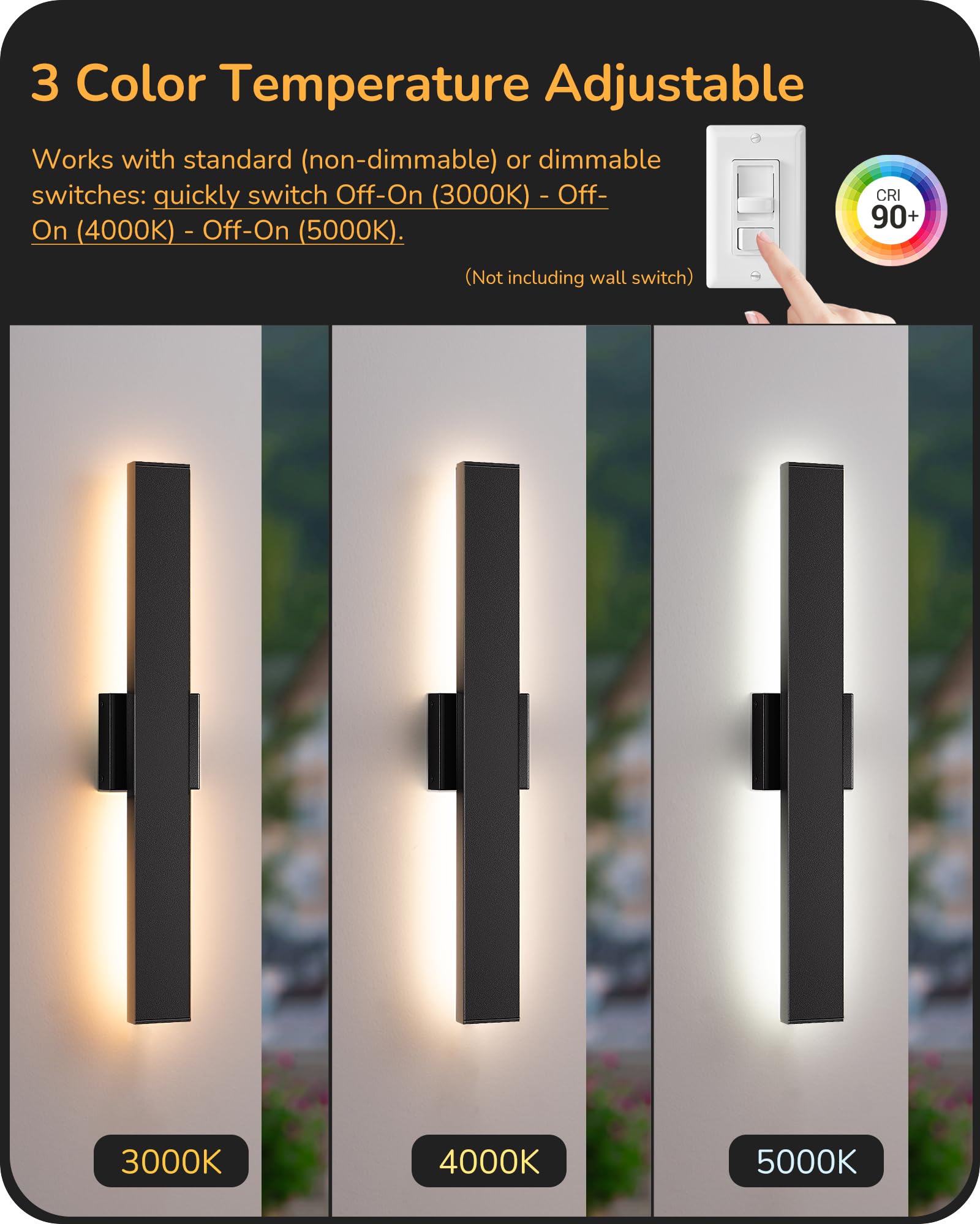 EDISHINE 23.6" Outdoor Wall Lights, Dimmable 3CCT, IP65 Waterproof, Black, 2 Pack, Model BD050