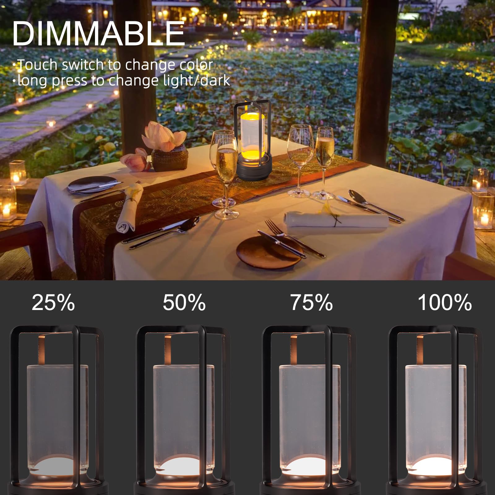 Portable Metal Table Lamp For Indoor/Outdoor ,Rechargeable Cordless Led Lamp, 3-Colour Infinitely Dimming Battery Powered Small