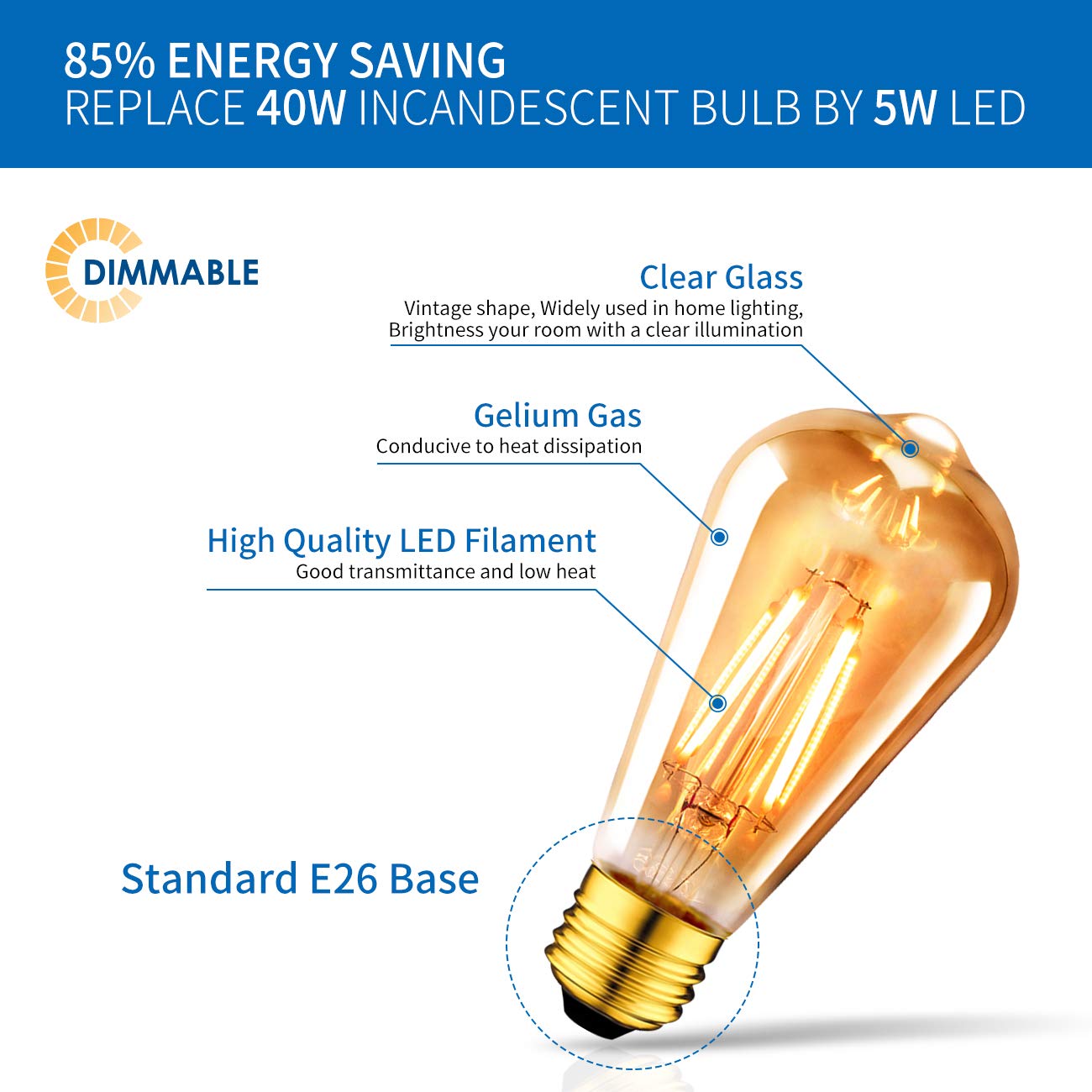 Anwio Vintage Edison Light Bulb St21 Led Filament Bulb 5W(40 Watt Equivalent) Dimmable 2500K (Amber Glow) Warm White E26 Medium