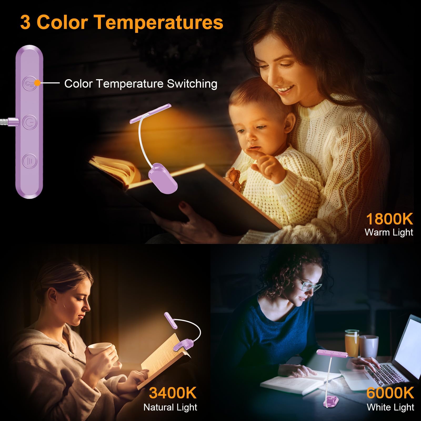 Gritin Rechargeable Book Light - 19 LED, 3 Color Temperatures, 5 Brightness Levels, Flexible Goose Neck, Model G1321, Purple