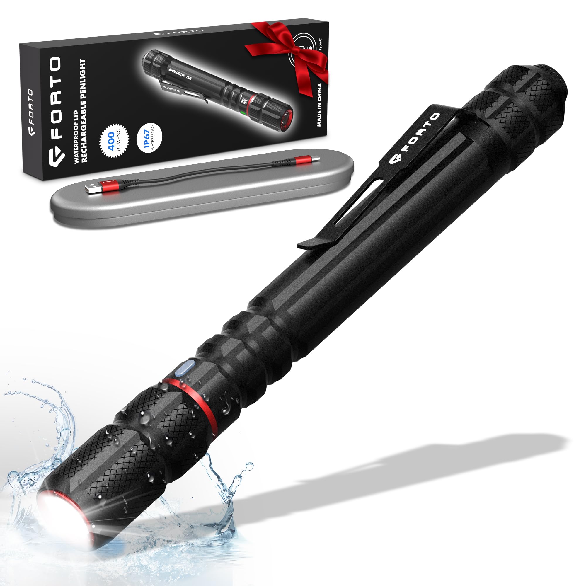FORTO Rechargeable Pen Light Flashlight, 400 Lumens, IP67 Waterproof, Type-C Charging, 1 Pack, Black, Model FT-P400