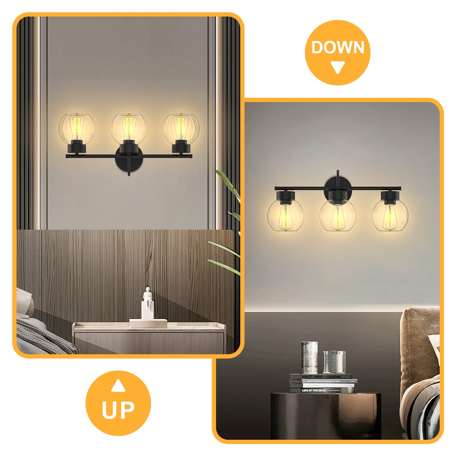 EAPUDUN Vanity Light Fixture, 3 Light, Matte Black, Aluminum, Clear Glass Shades, Industrial Style for Bathroom Over Mirror
