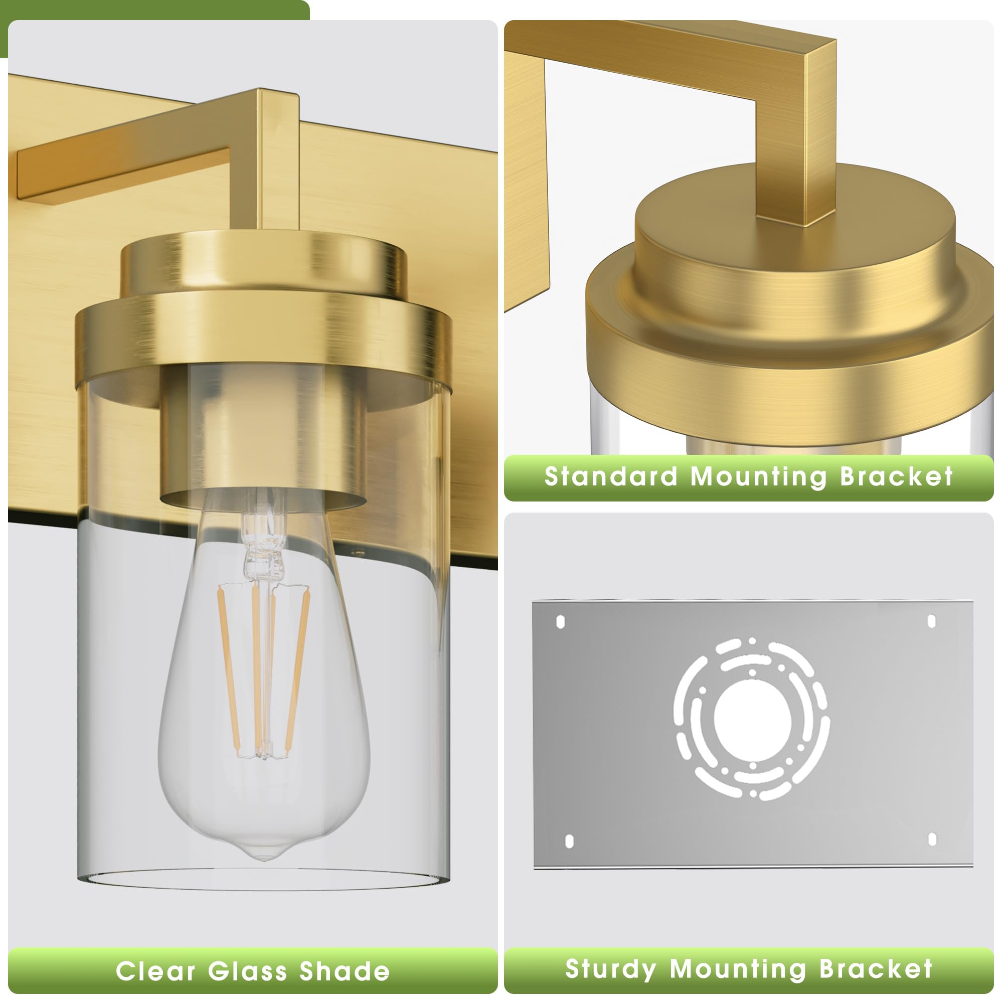 Espird 3-Light Bathroom Vanity Lighting Fixtures, Brass with Glass Shades, Model L08-3-TONG