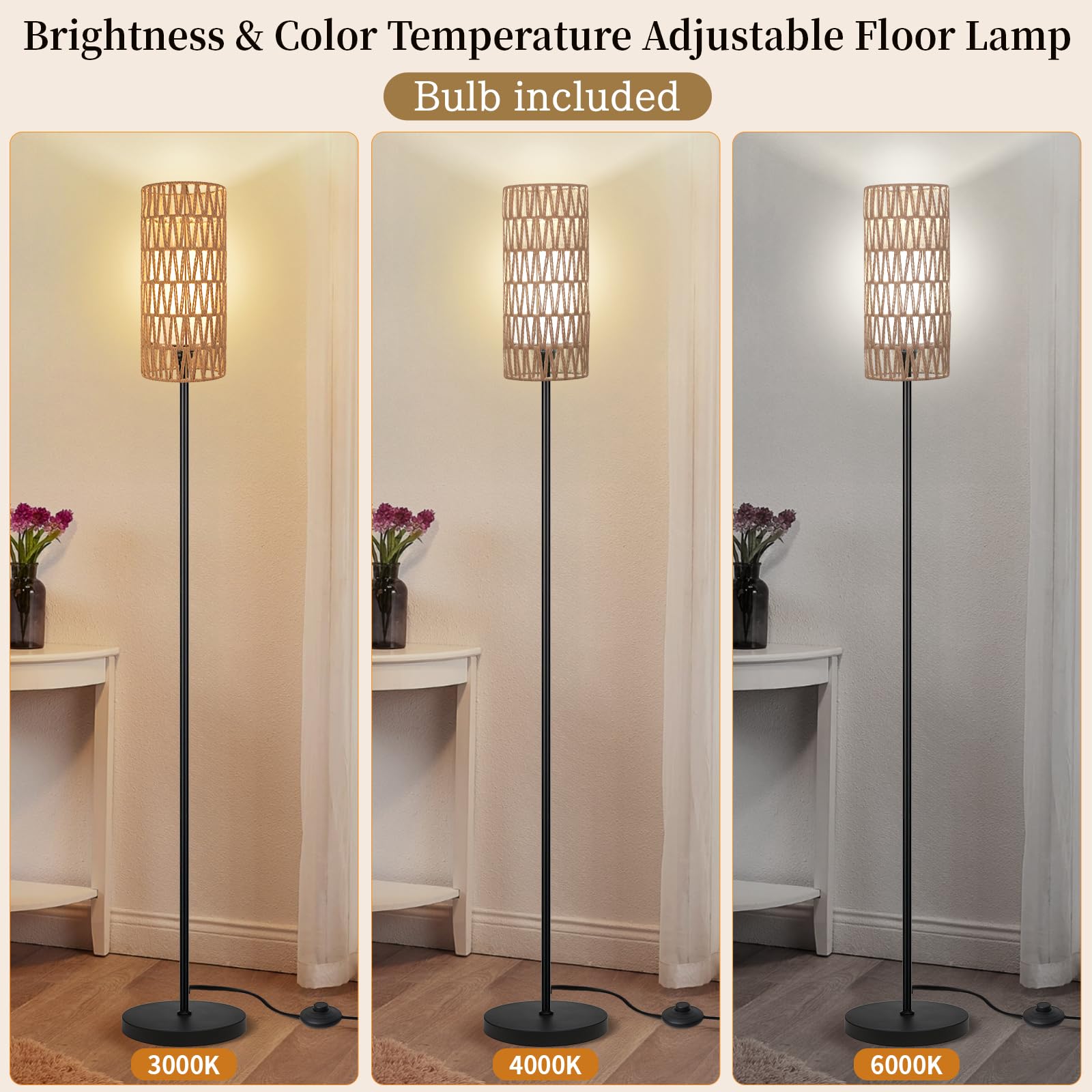 Ruiever Floor Lamp - Modern Rattan Standing Lamp with Dimmer LED Bulb, Mini Size, Black, Remote Control, Model FL-NATURAL SHADE