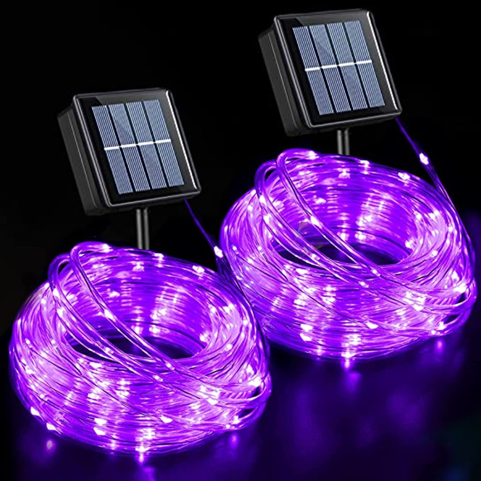 QITONG 2 Pack Purple Solar Rope Lights Outdoor Waterproof, Each 33ft 100 LED String Lights, 8 Modes Clear PVC Solar Tube Light