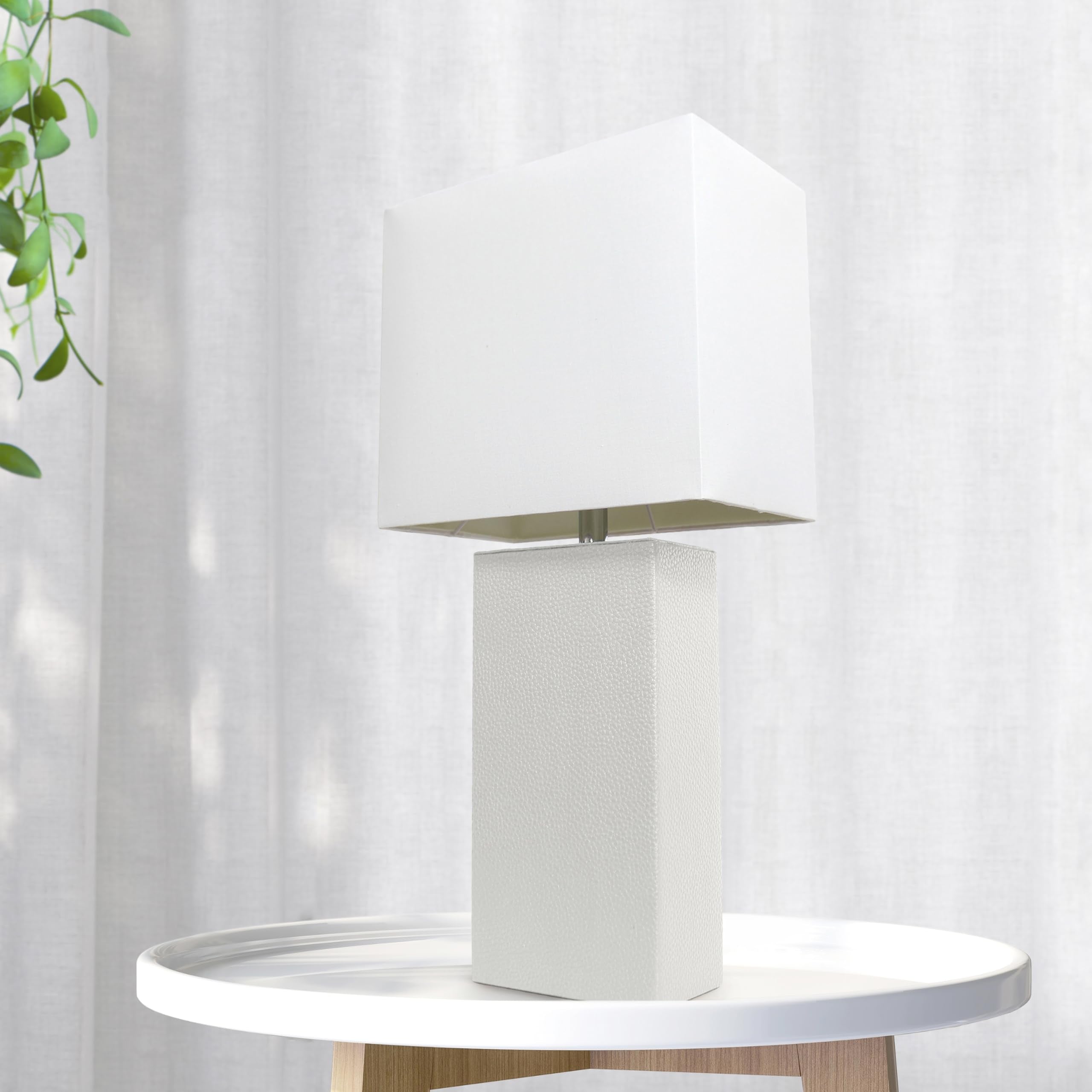 LALIA HOME Lexington 21in Leather Base Bedside Table Lamp, White Fabric Shade, Modern Décor for Living Room, Bedroom, Office