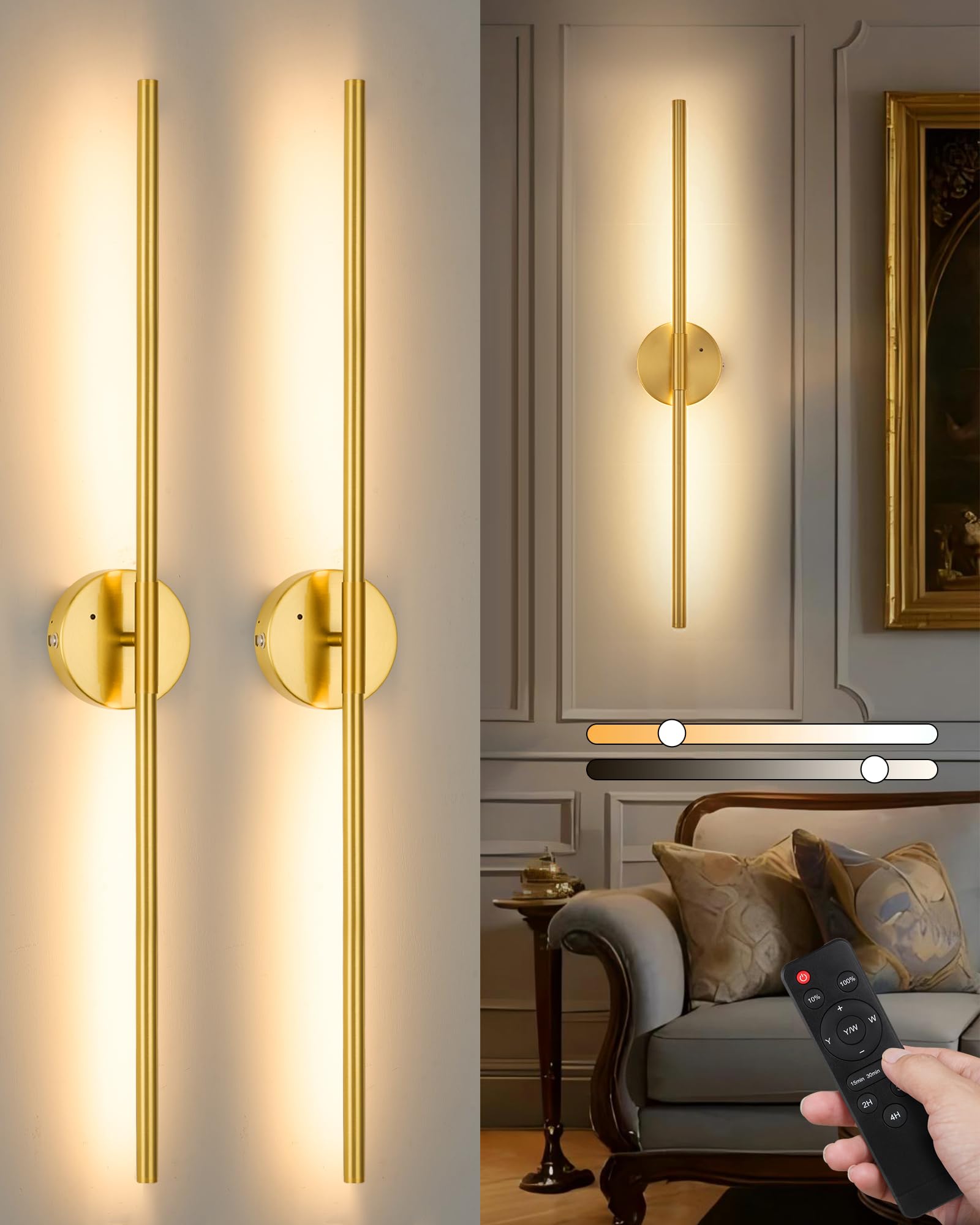 10000mAh Battery Operated Wall Sconce Set of 2 - 24 Inch, Wireless, Rechargeable, Dimmable, 3000K-6000K, Remote, Touch Control,