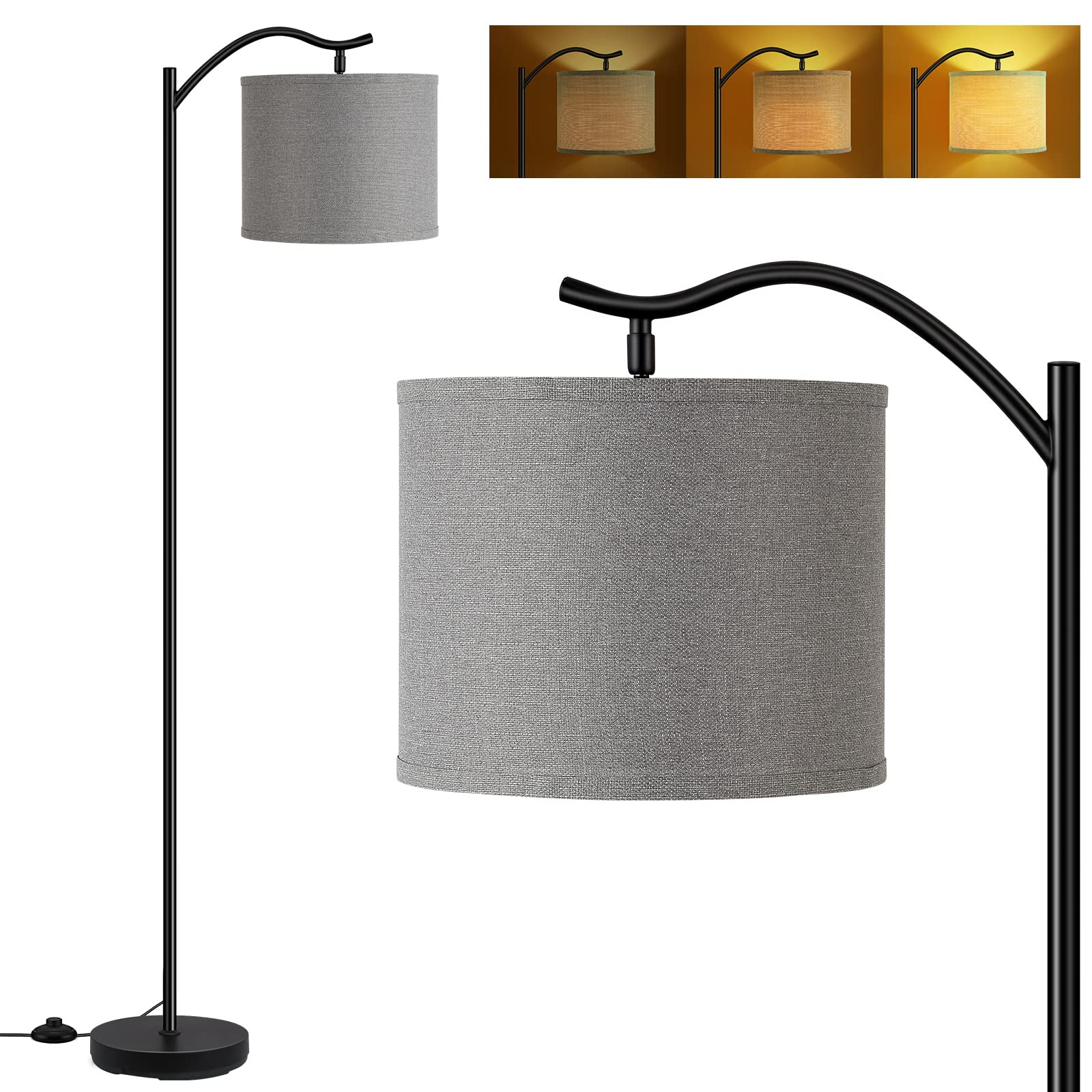 BoostArea Arched Floor Lamp - 15W LED, 3 Brightness Levels, Metal, Gray Linen Shade, Mid Century Design for Living Room and Office