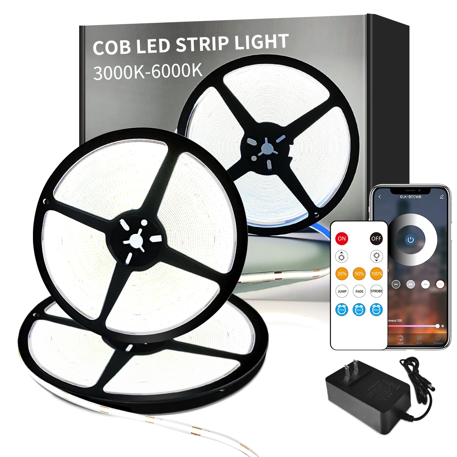 Yeewhale 100Ft Cob Led Strip Lights 6000K White Dimmable Dc 24V Flexible Led Tape Light For Bedroom, With Remote And App Control Led Light Strip,For Diy Home Decoration