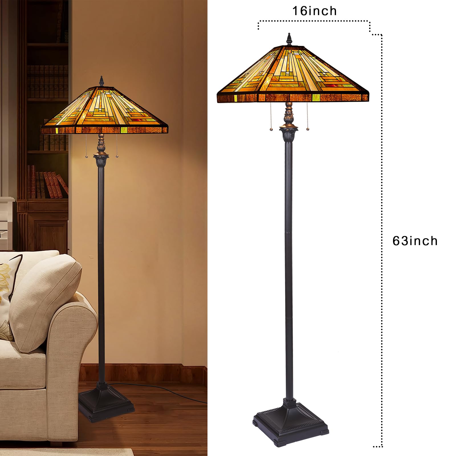 Capulina Tiffany Lamp 2-Light Stained Glass Floor Lamp 63" Amber Brown Mission Style for Living Room Bedroom Office CL188801FL
