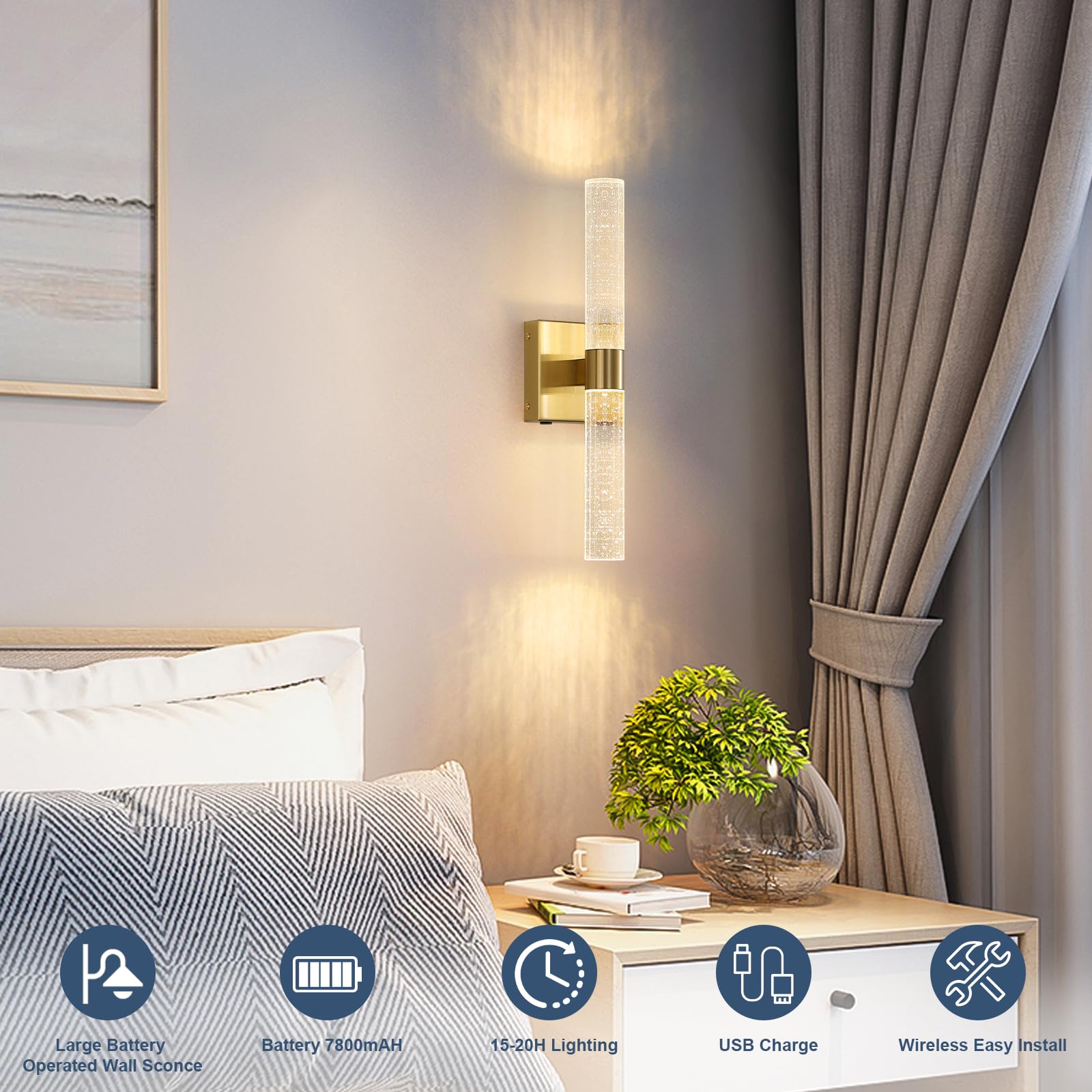 HONGREN Wall Sconces Set of Two - 17 Inch Gold LED Dimmable Battery Operated Light with Remote Control