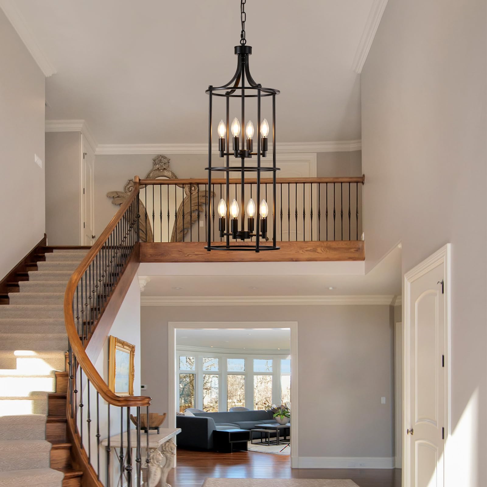 MIAYBPH Black 8-Light Lantern Tiered Chandelier, Metal Modern Farmhouse Pendant Light for High Ceilings, Kitchen, Entryway, Living Room