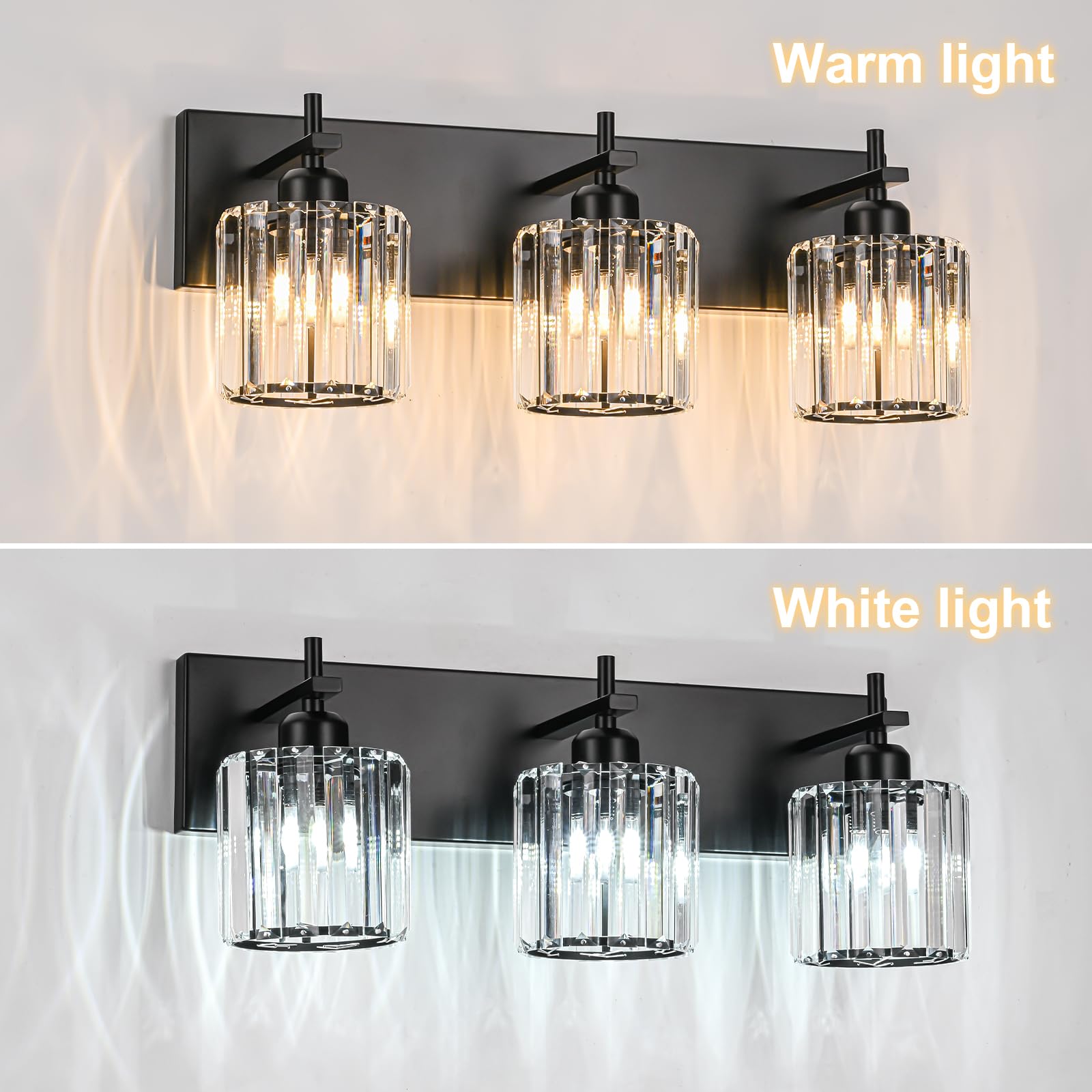 HUOKU Bathroom Vanity Lights, Modern 3-Light Crystal Wall Lighting, Black-Round Shade, Metal, Model 37487a34-85aa-442a-bf20-a85861846