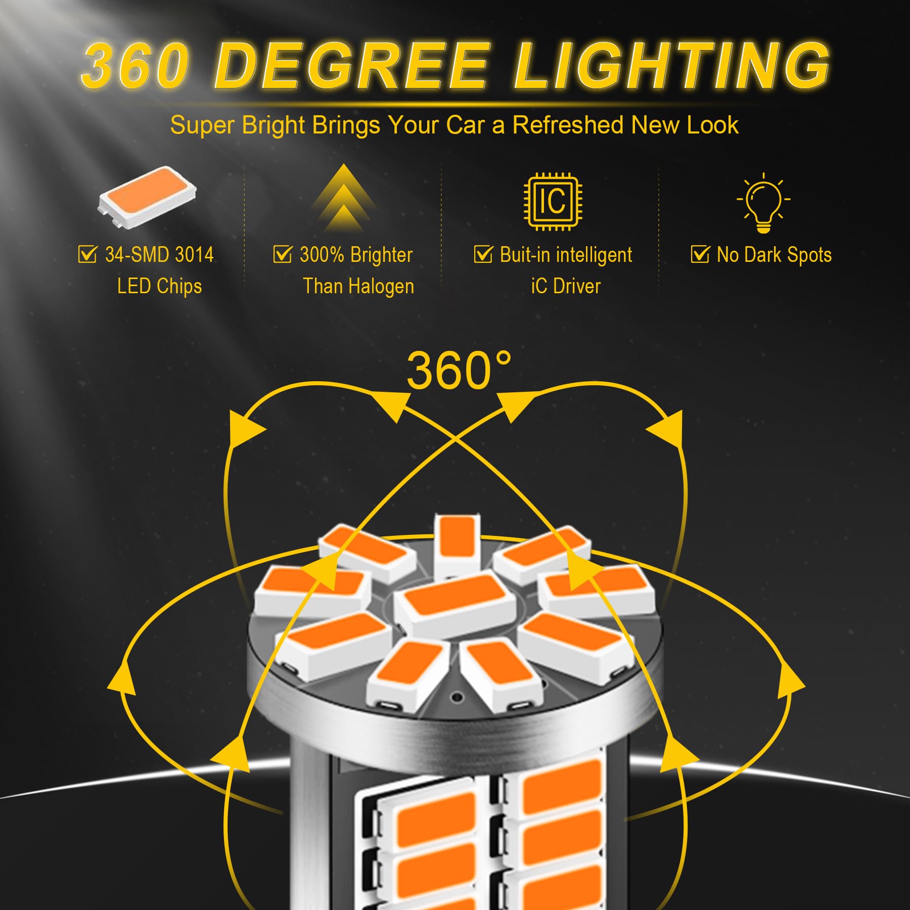 iFunyLED 10Pcs Super Bright LED Bulbs for Car Interior, Amber Yellow, T10 194 168 2825 W5W - Replacement for Trunk Dome Map Lights