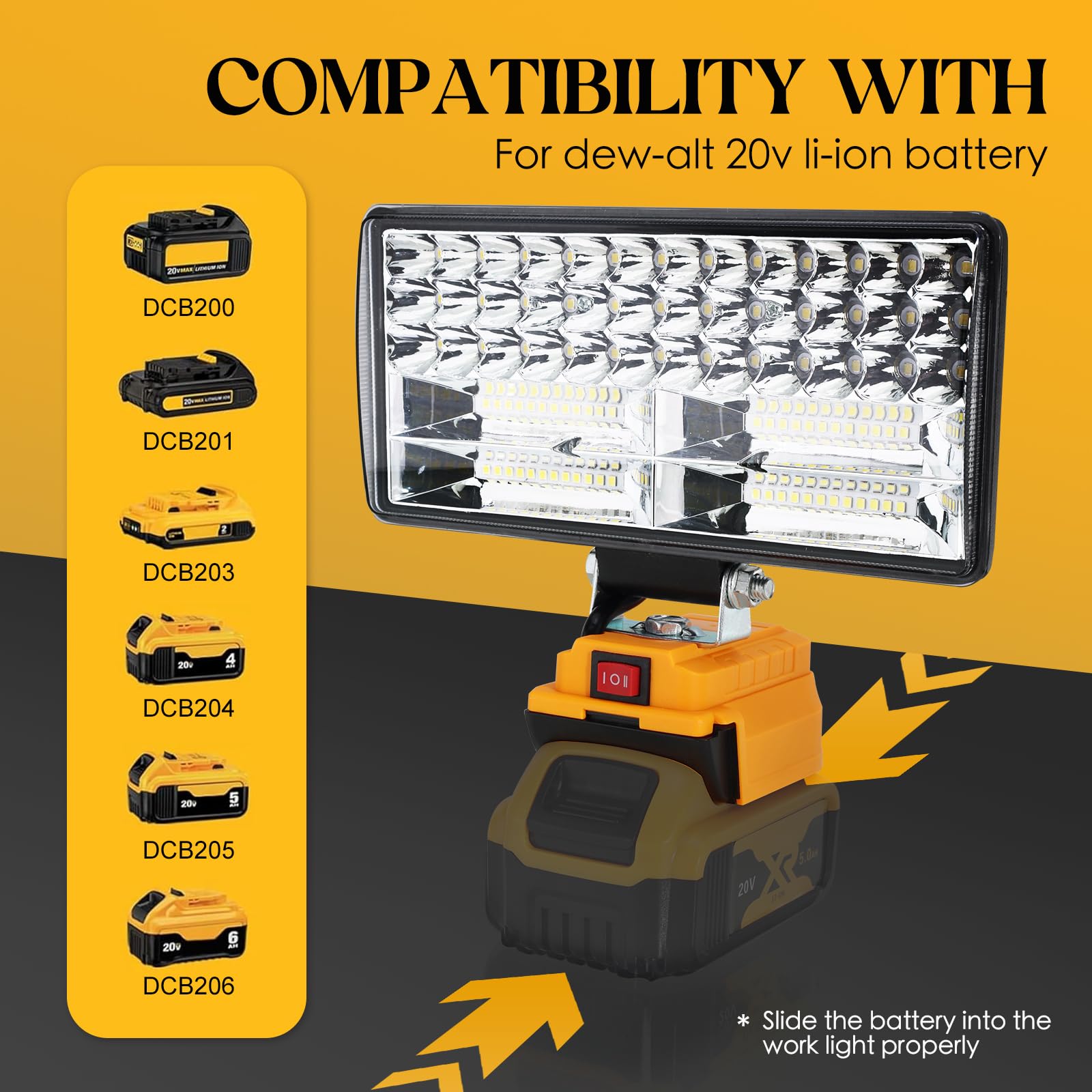 Hnndlra Cordless LED Work Light 8in 9000LM 90W, 2 Modes, for Dewalt 20V Battery, Yellow, Model YJD