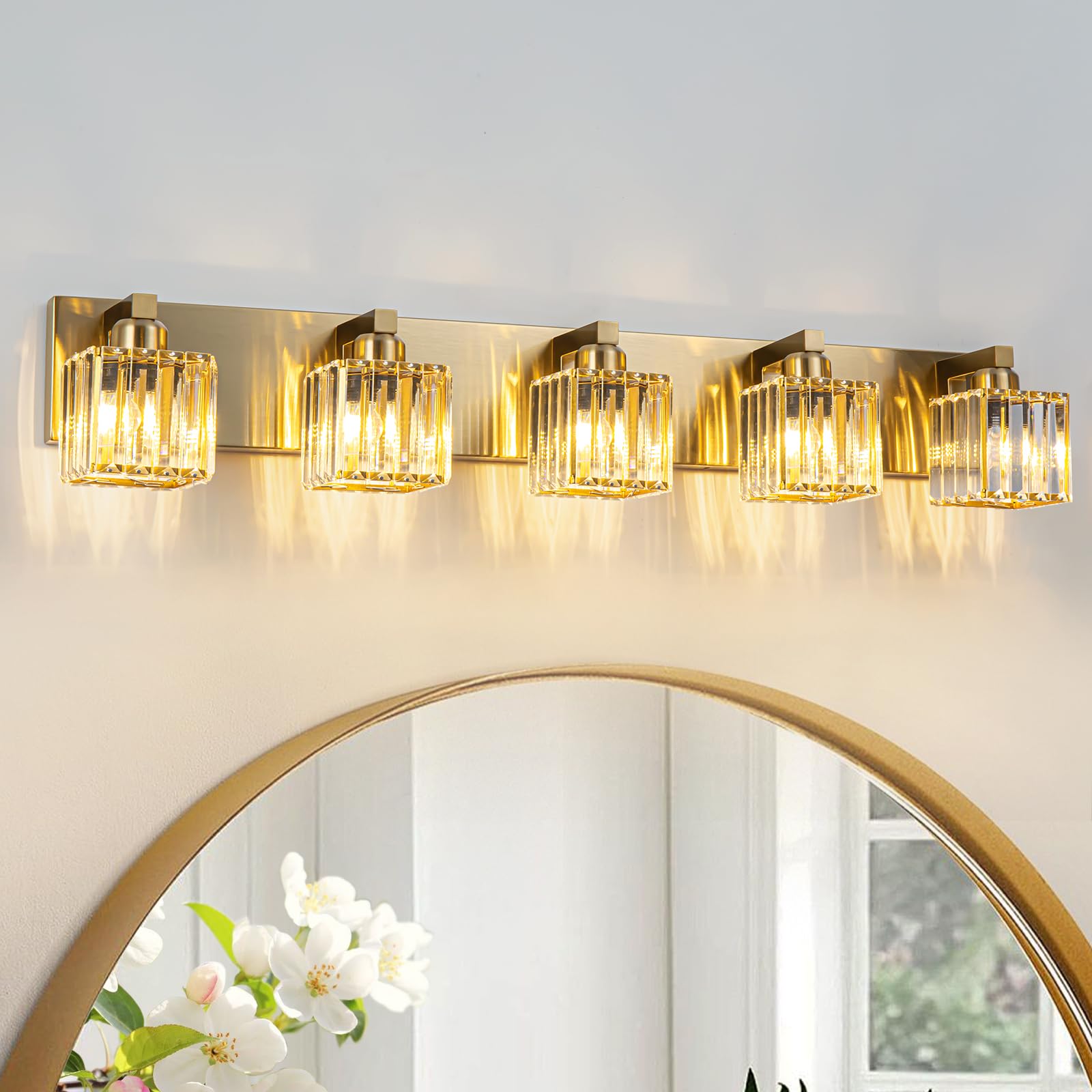 Huoku Gold Crystal Bathroom Vanity Lights, 5 Lights Bathroom Lighting Fixtures Over Mirror Modern Gold Crystal Bathroom Wall Lig