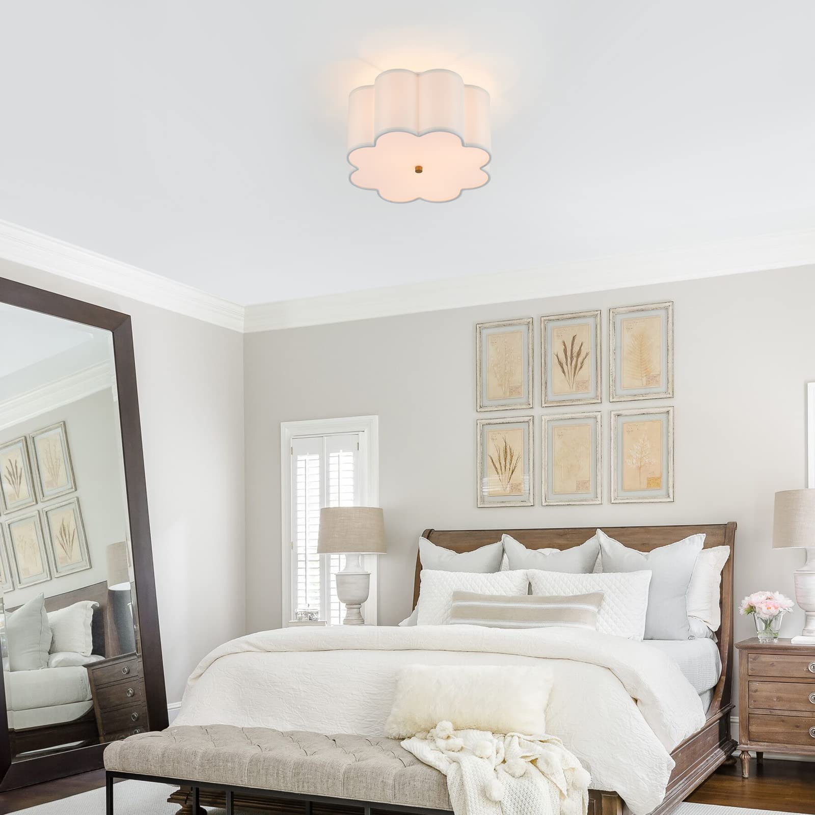 Mhytogn Semi Flush Mount Ceiling Light Fixture, Modern Close To Ceiling Lamp With Cream White Fabric Drum Shade For Nursery Kids