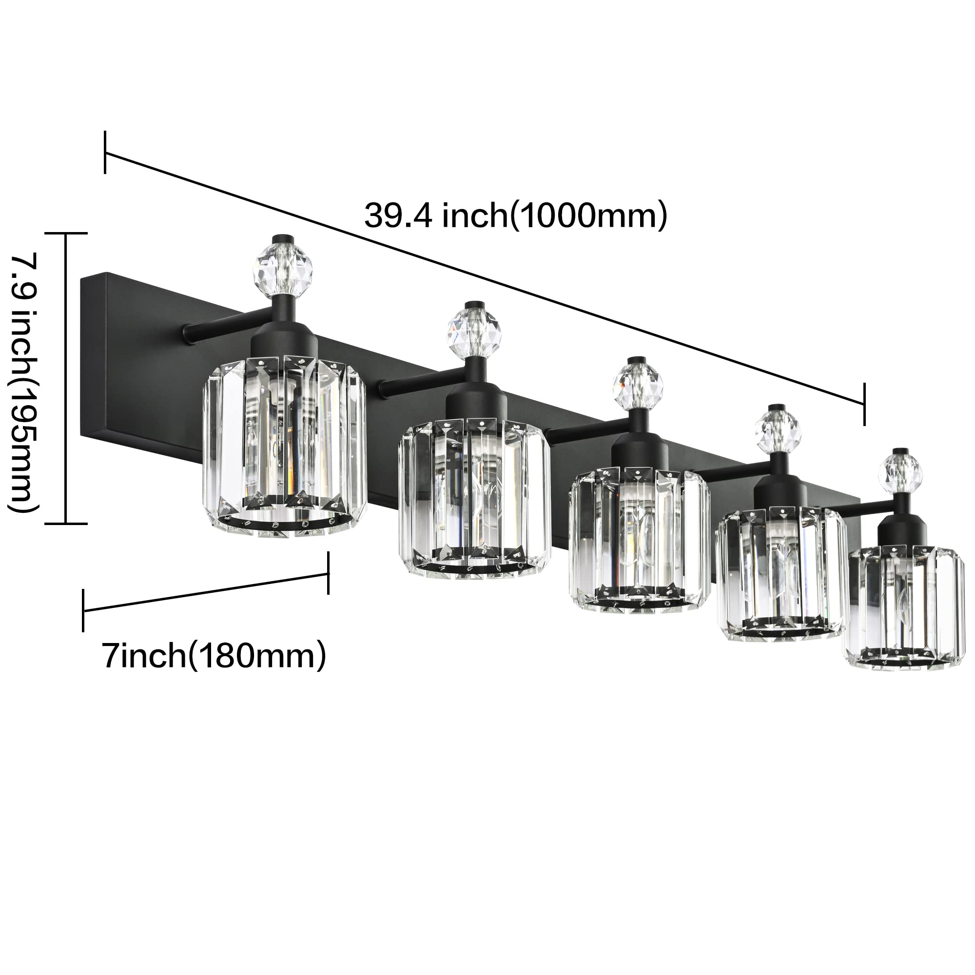 PRESDE Modern Black Crystal Bathroom Vanity Light Fixture, 5 Lights, Matte Black Metal, Wall Sconce for Over Mirror