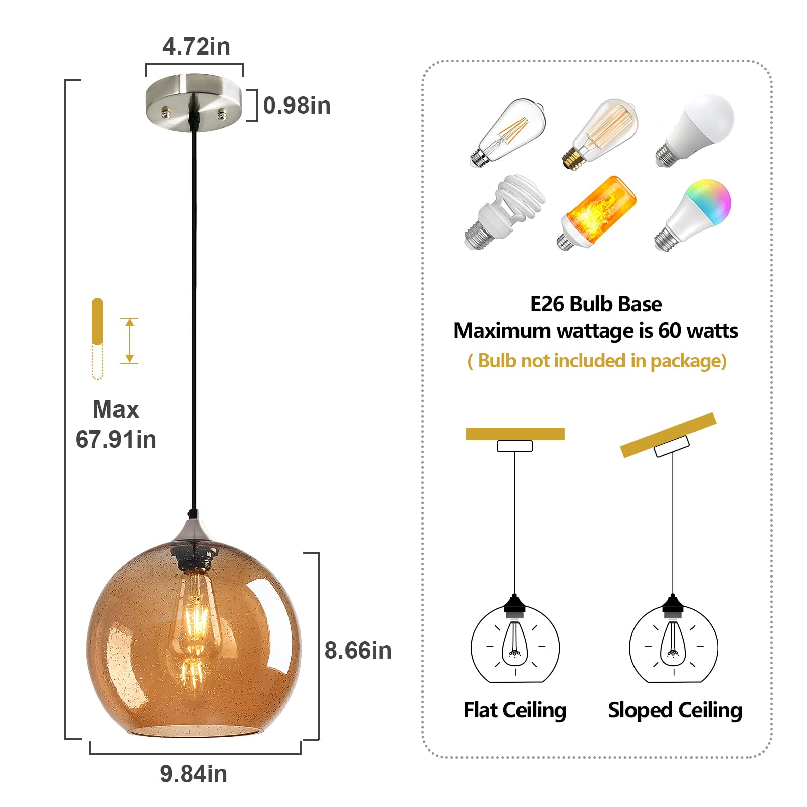 Lbsqj Amber Glass Pendant Lights Kitchen Island Globe Pendant Light Fixtures Modern Pendant Lighting For Bedroom Living Dining Room Light Fixture (9.84 In  2 Pack)