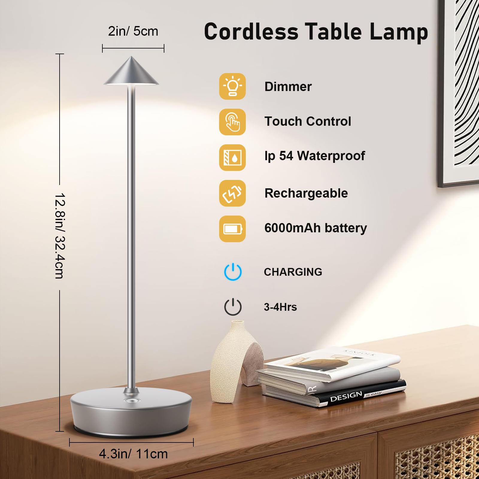 Tpczqj Rechargeable Cordless Table Lamp Set of 2, 6000mAh LED, Touch 3 Color Dimming, 13in H x 4in W x