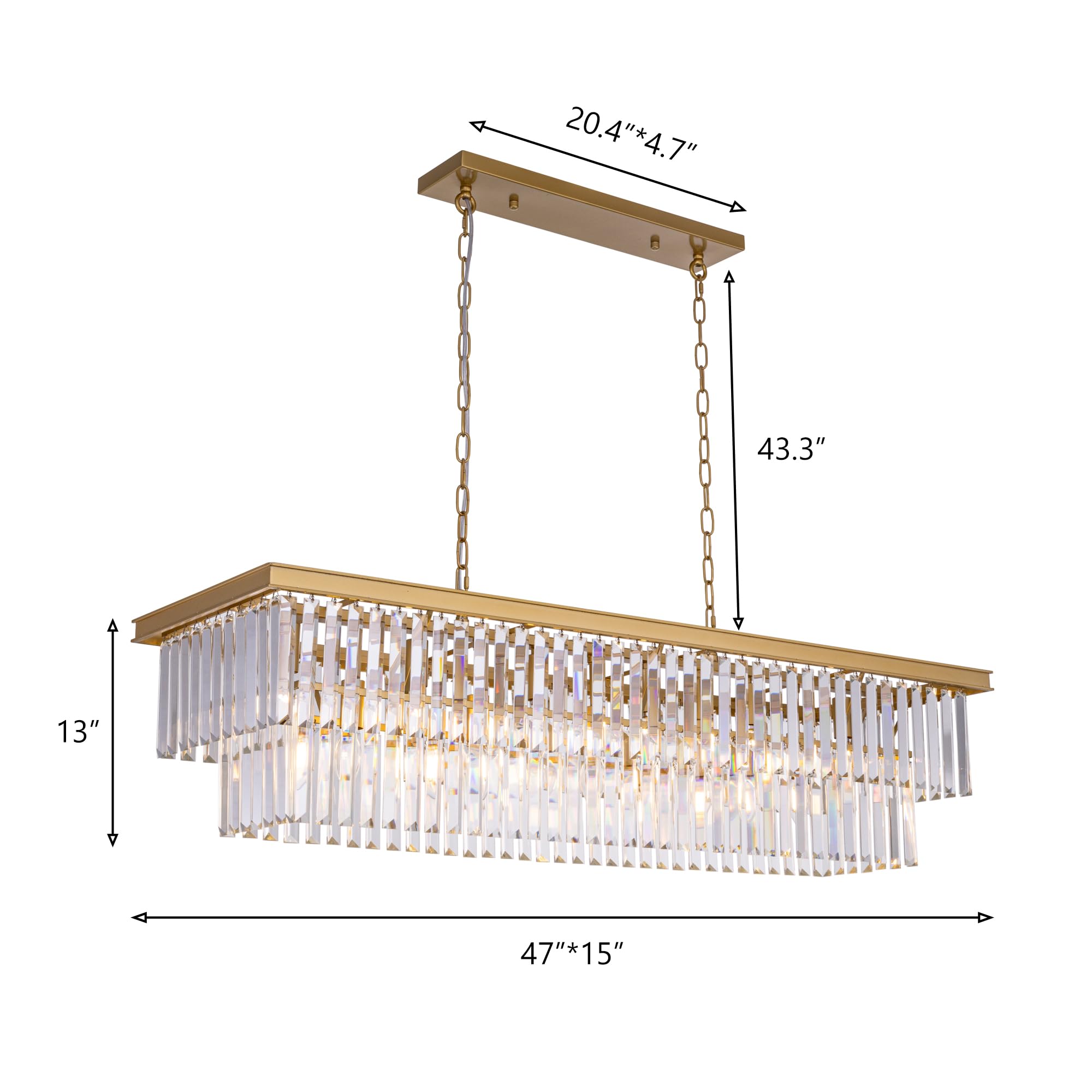 Wellmet 11-Light Crystal Chandelier, 47" Gold Metal Linear Light Fixture for Living Room, Dining Room, Bedroom, Kitchen Island, Model DS-CCL001