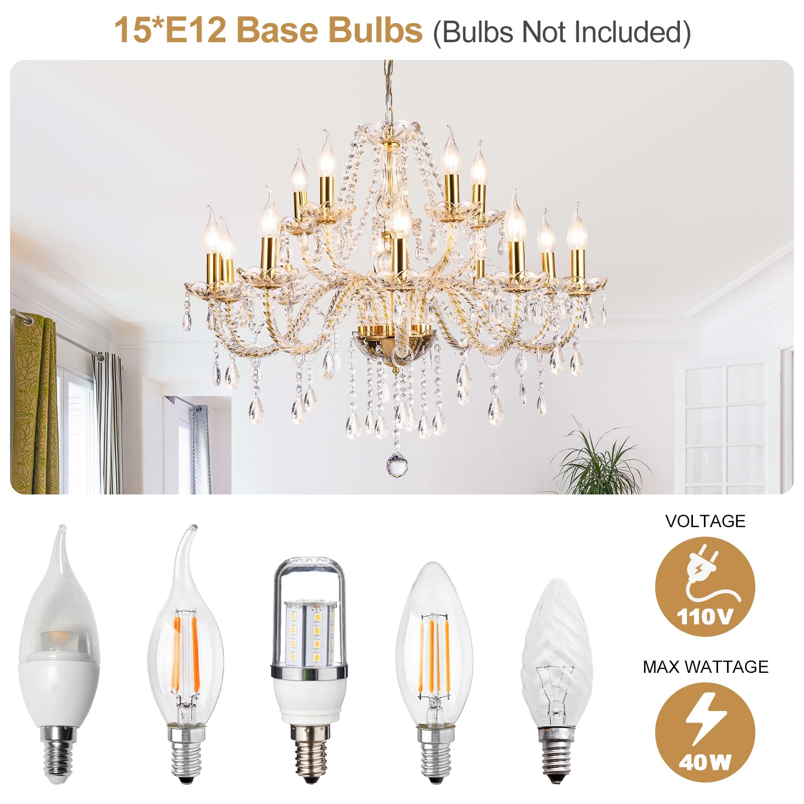 Baotree Modern Elegant 15 Lights K9 Crystal Glass Chandelier Golden Pendant Ceiling Lighting European Style For Dining Living Ro