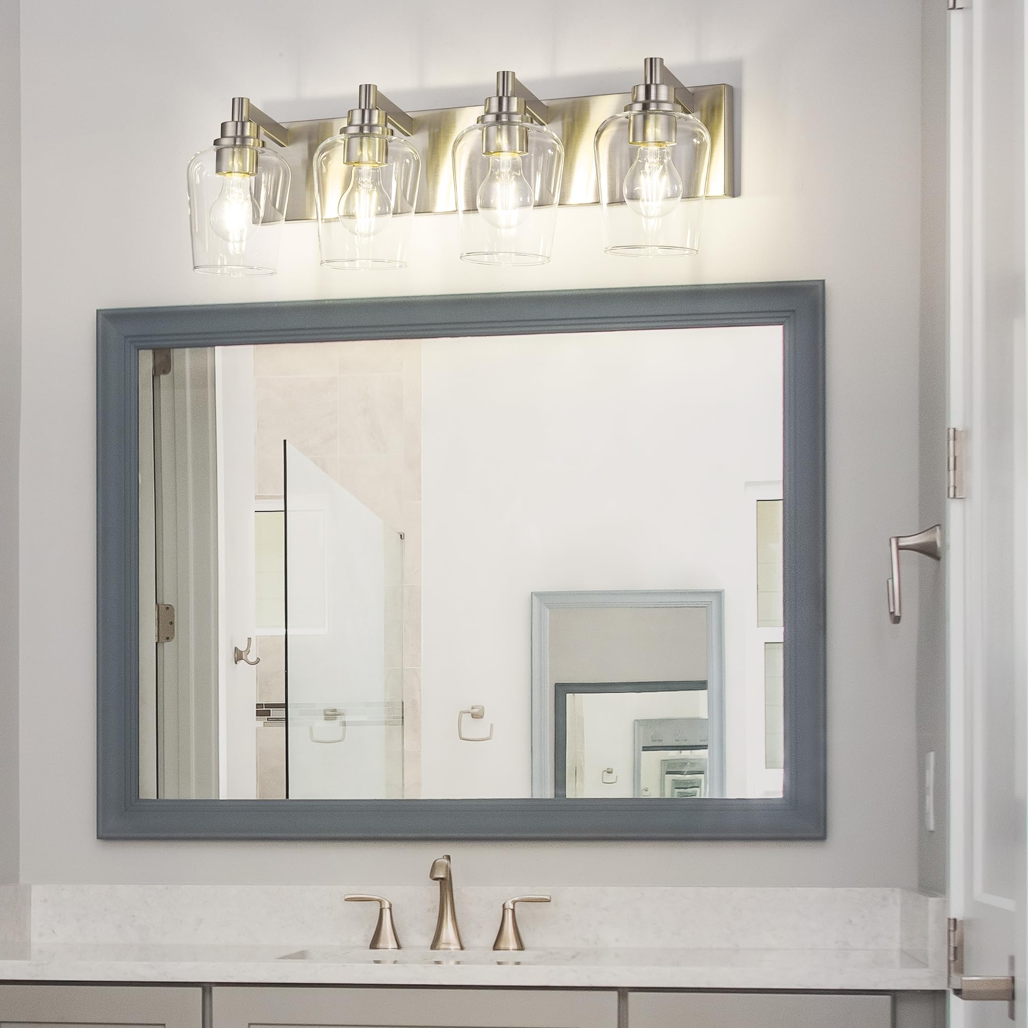 METWET 4-Light Bathroom Vanity Light Fixtures, Brushed Nickel, Clear Glass Wine Glass Shade, Model VL155-BN-4