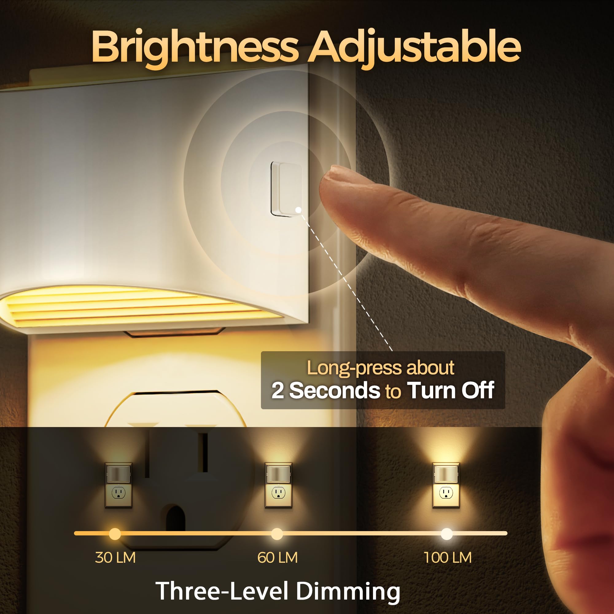 DORESshop LED Night Light 2 Pack, Adjustable Brightness, Dusk to Dawn Sensor, Warm White, Plastic, for Bedroom, Bathroom, Hallway