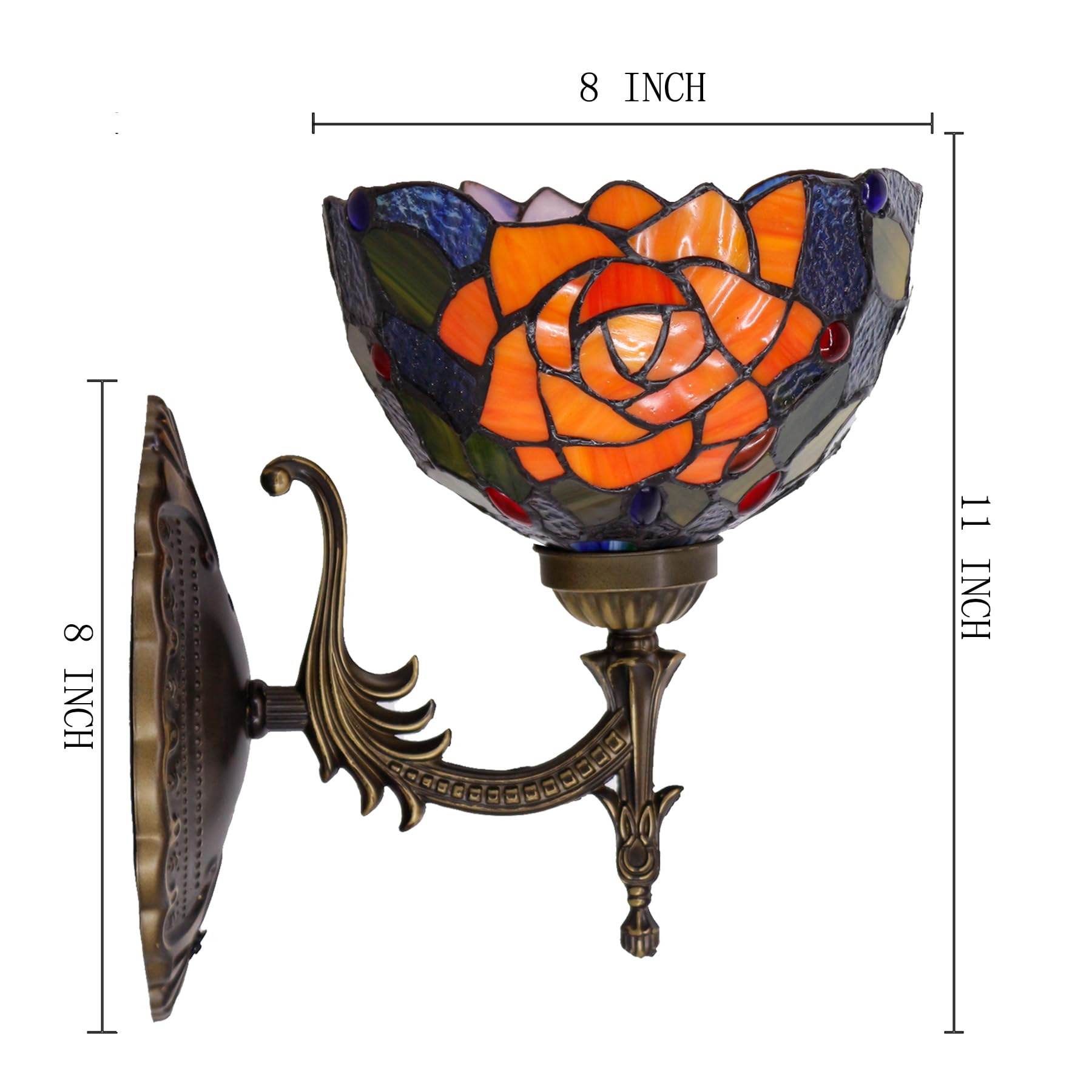 AVIVADIRECT Tiffany Wall Sconce Lamp, 8in Red Rose Stained Glass, Antique Bronze Base, 6ft Cord, Model W04, Middle Size