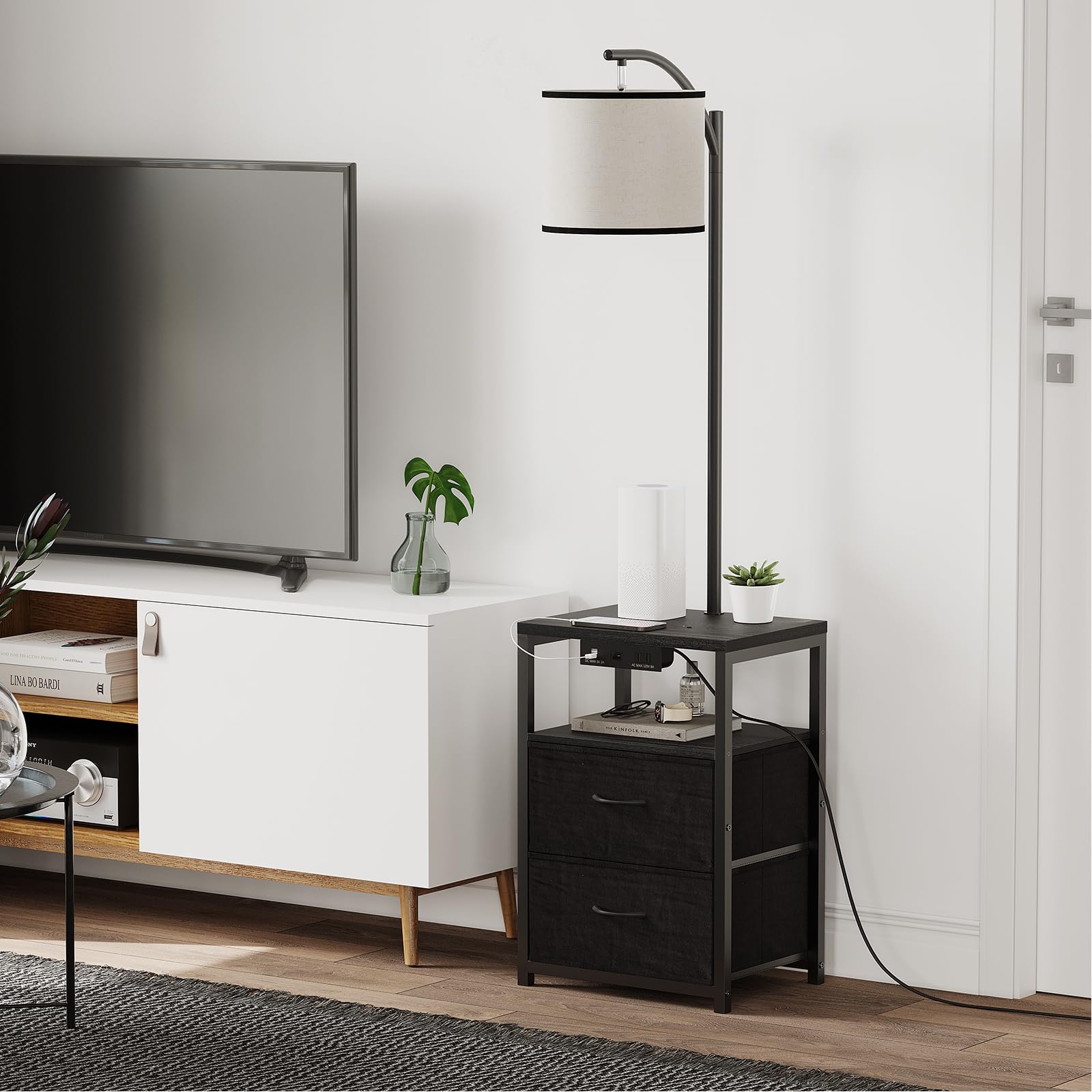 SUNMORY Floor Lamp with USB Port & Outlet, 3 Color Temp LED Bulb, Black, Wood, Model SR000008, Ideal for Living Room & Bedroom