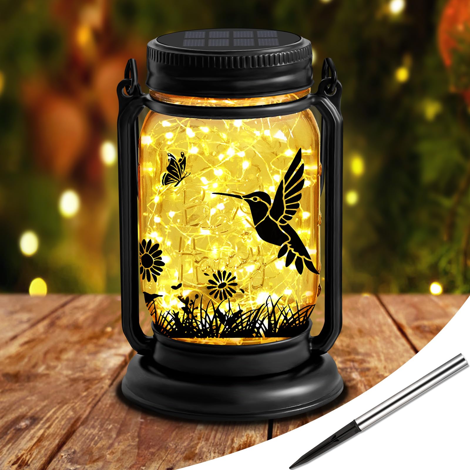 ANGMLN Hummingbird Solar Lanterns 3-in-1 Outdoor Waterproof Glass Mason Jar Garden Lights FG-61